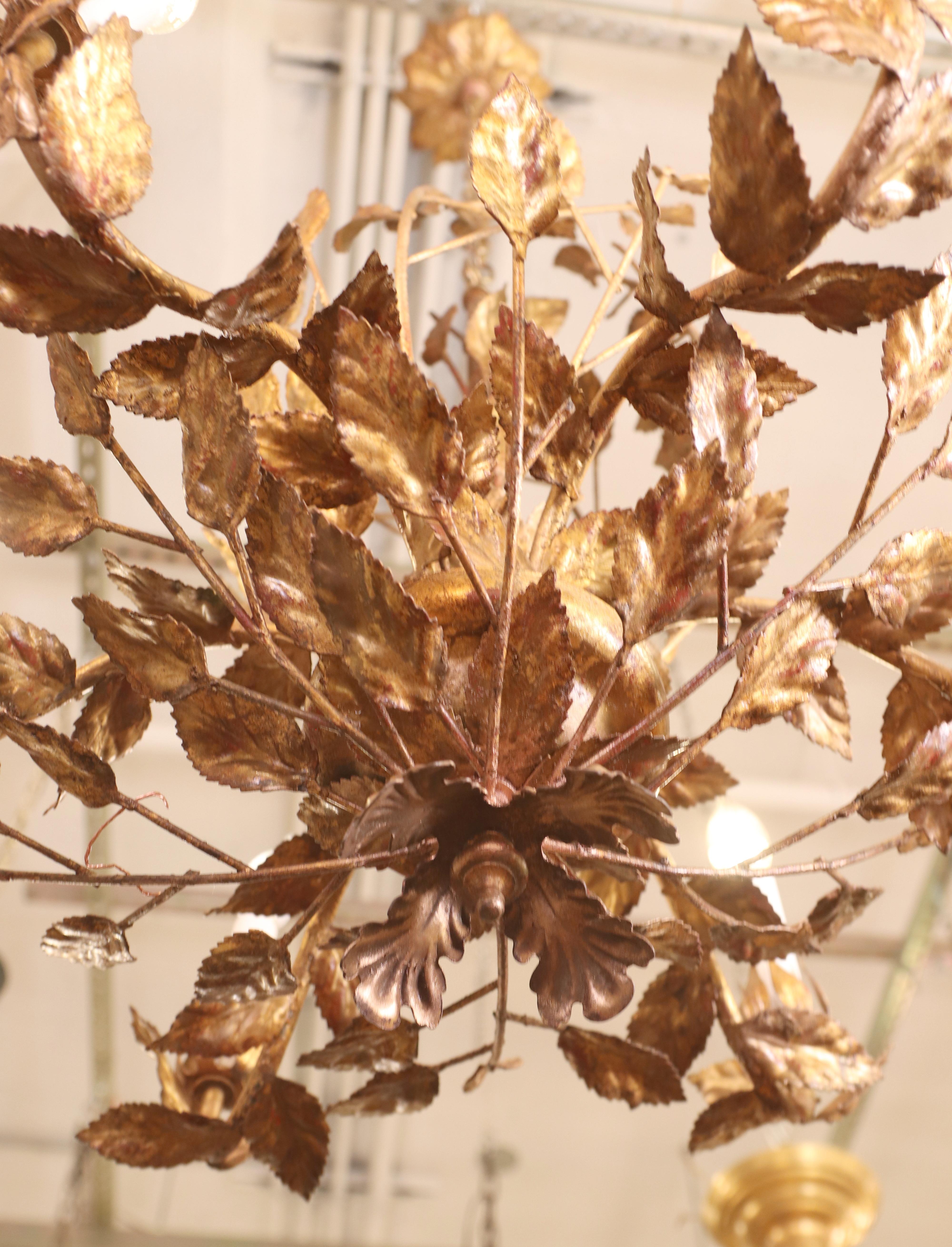 Metal Restored Gilded Leaves 6 Light Chandelier Done in a Tole Style For Sale