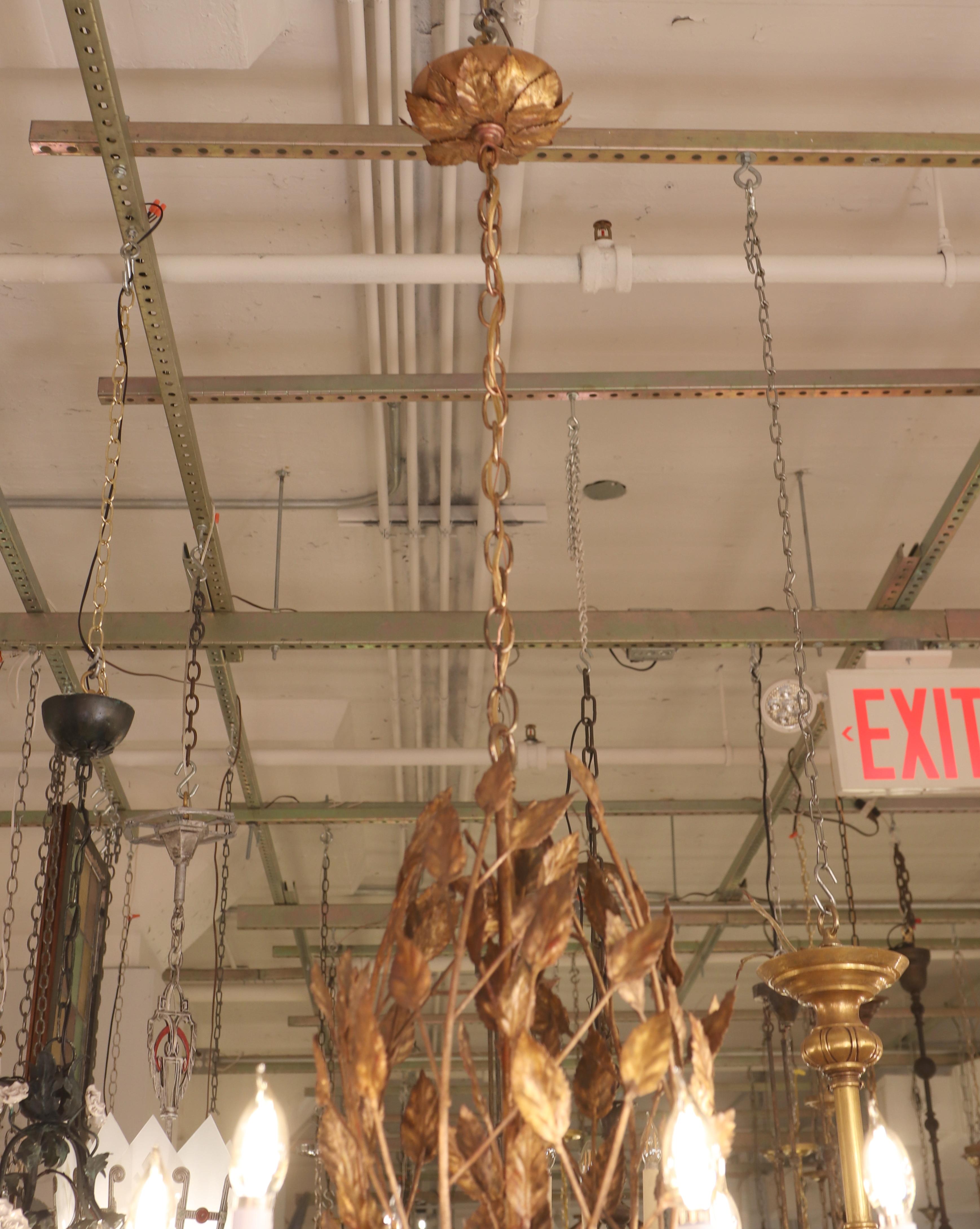 Restored Gilded Leaves 6 Light Chandelier Done in a Tole Style For Sale 1