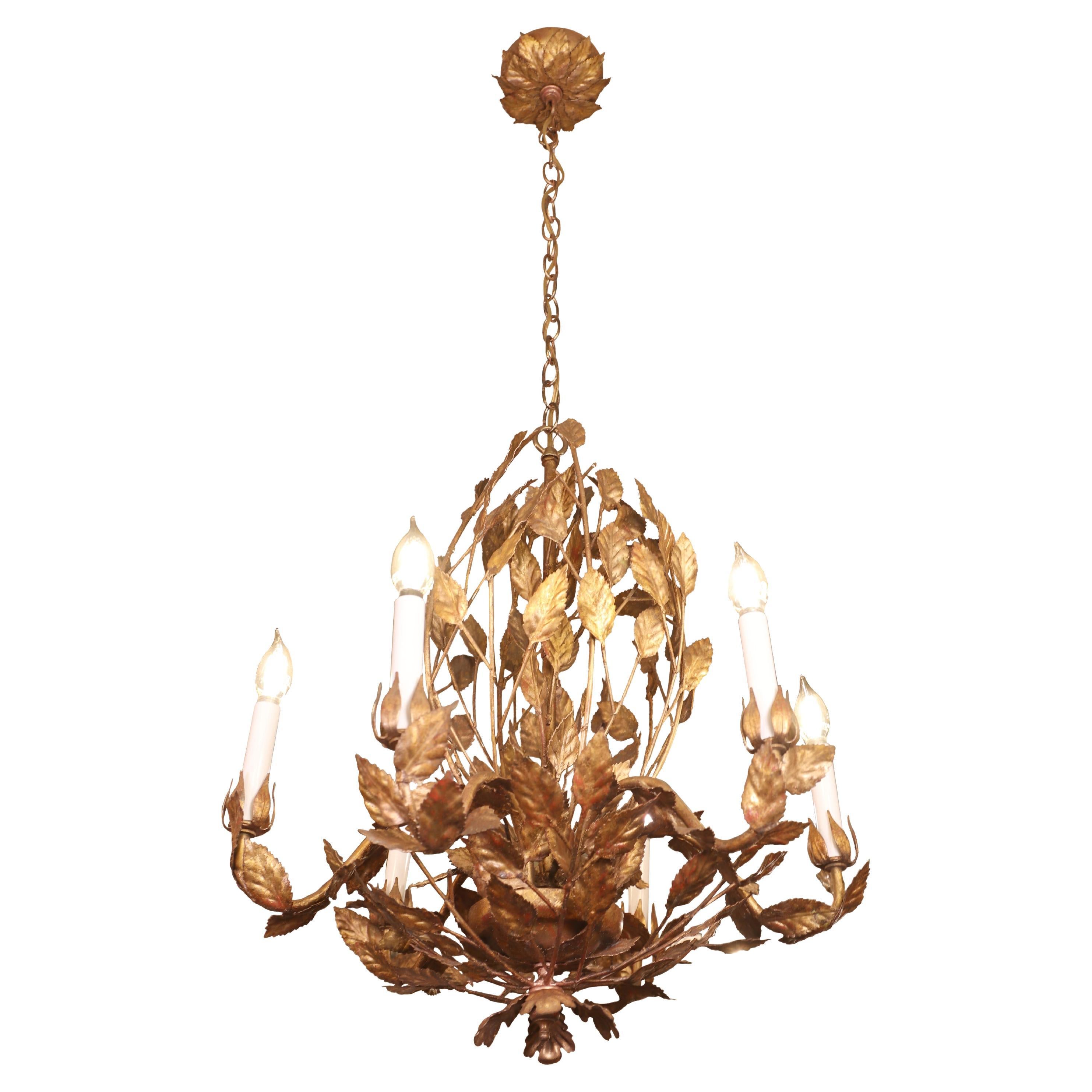 Restored Gilded Leaves 6 Light Chandelier Done in a Tole Style For Sale