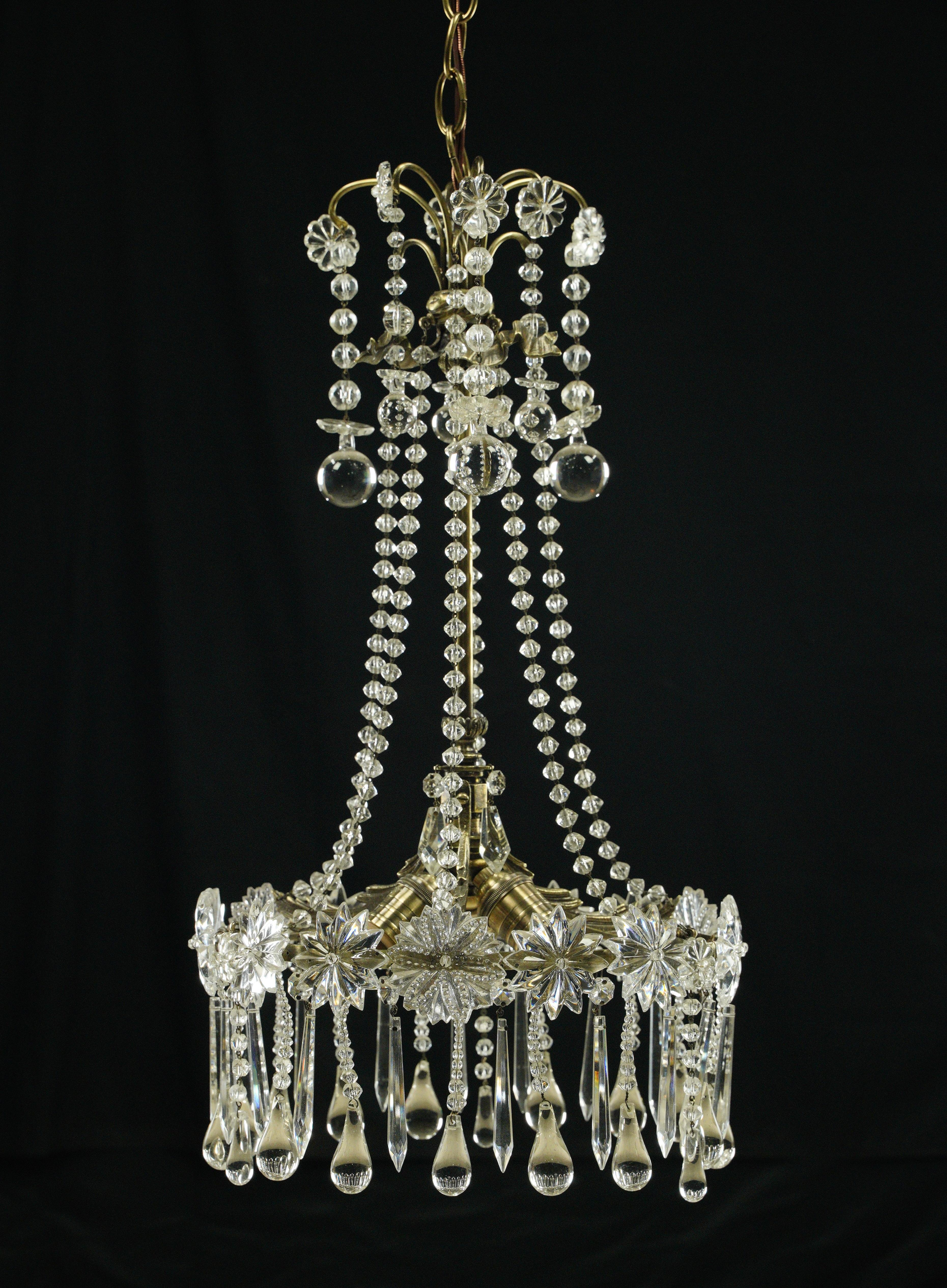 Restored Glass & Brass Floret Crystal Chandelier In Good Condition In New York, NY
