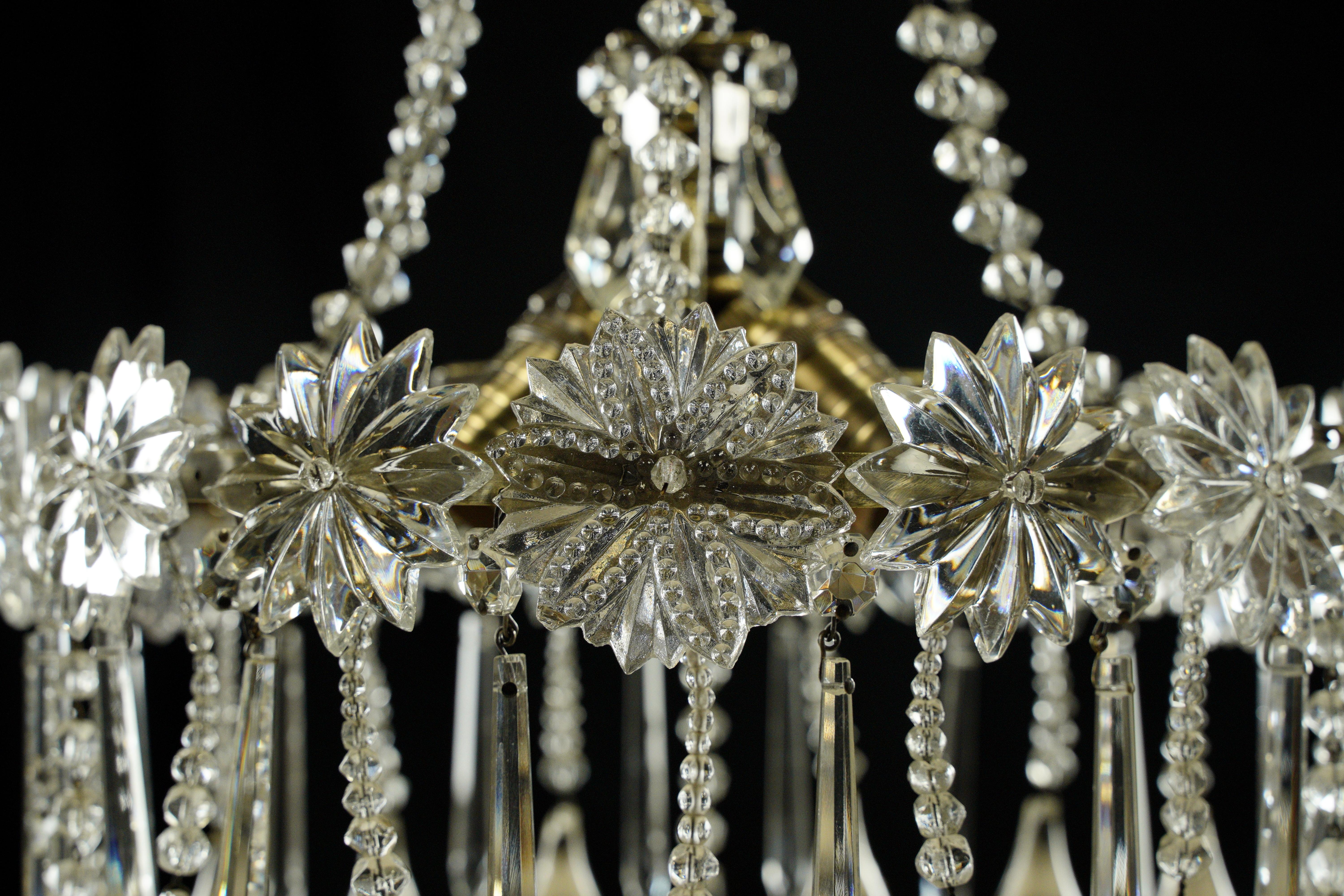 20th Century Restored Glass & Brass Floret Crystal Chandelier
