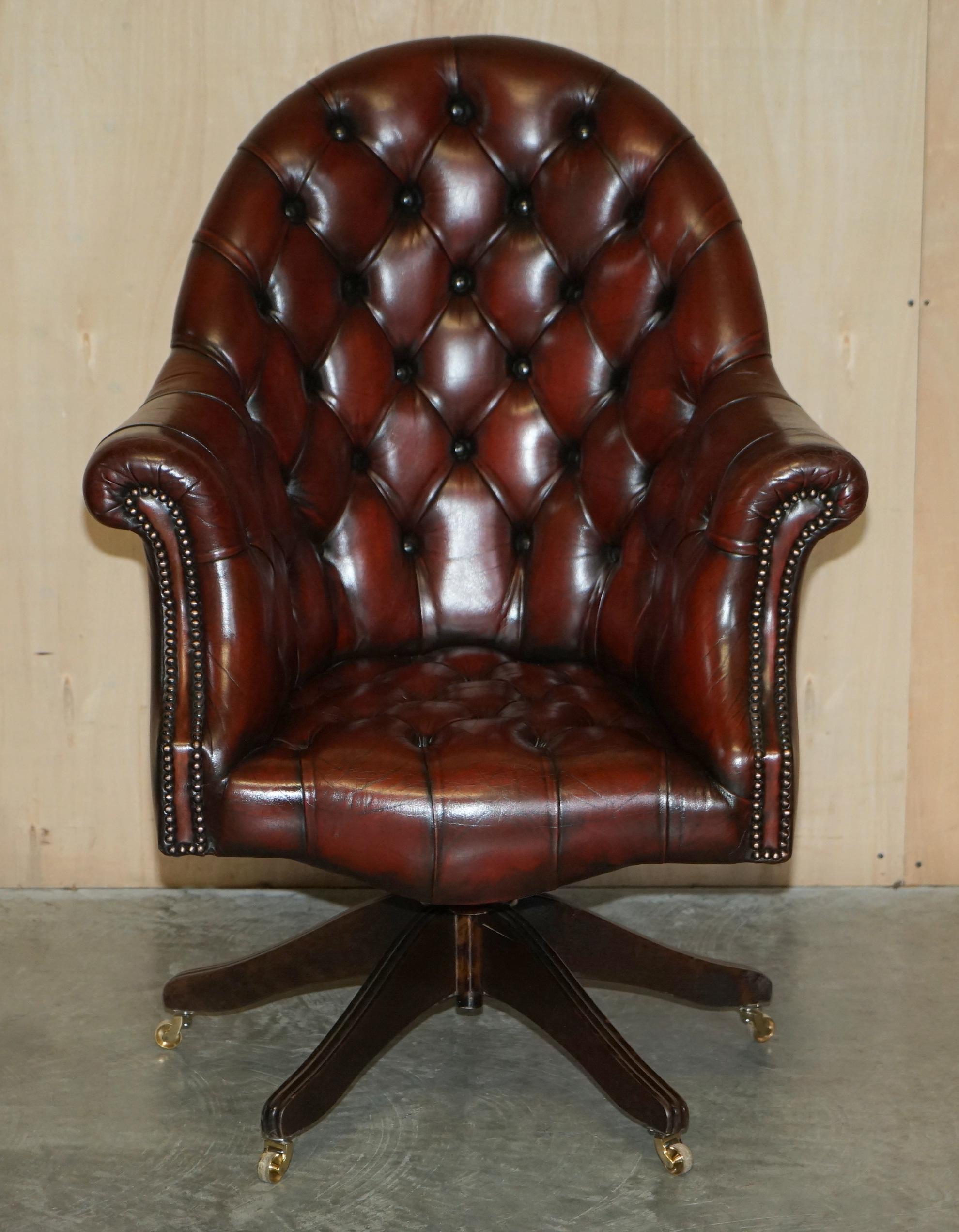 We are delighted to offer for sale this stunning fully restored Bordeaux leather Godfather Directors armchair with original four leg base base circa 1890’s.

This is a very fine and well made English circa 1940's Directors chair, it has a coil