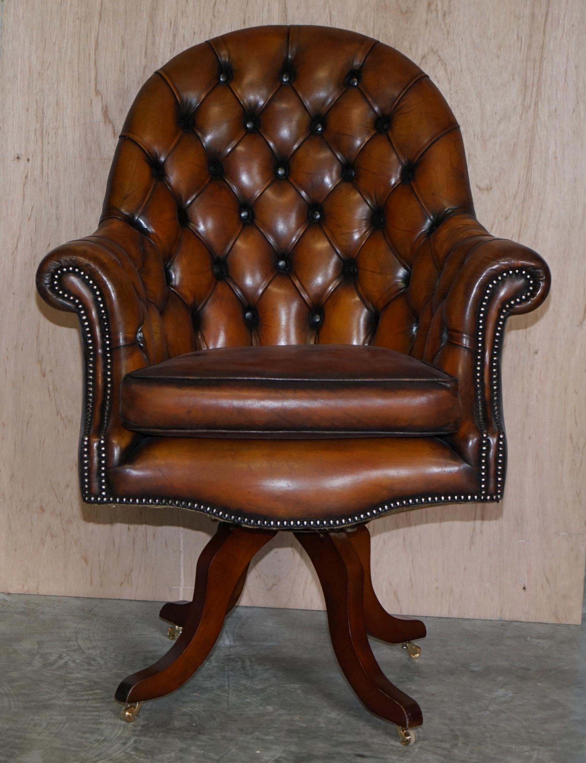 We are delighted to offer for sale this stunning fully restored aged brown leather Godfather Directors armchair with original four leg base, circa 1890’s

This is a very fine and well made English circa 1890’s Directors chair, it has a coil sprung