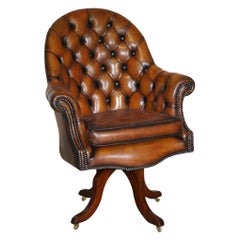 Antique Restored Godfather Cigar Brown Leather Chesterfield Directors Captains Armchair