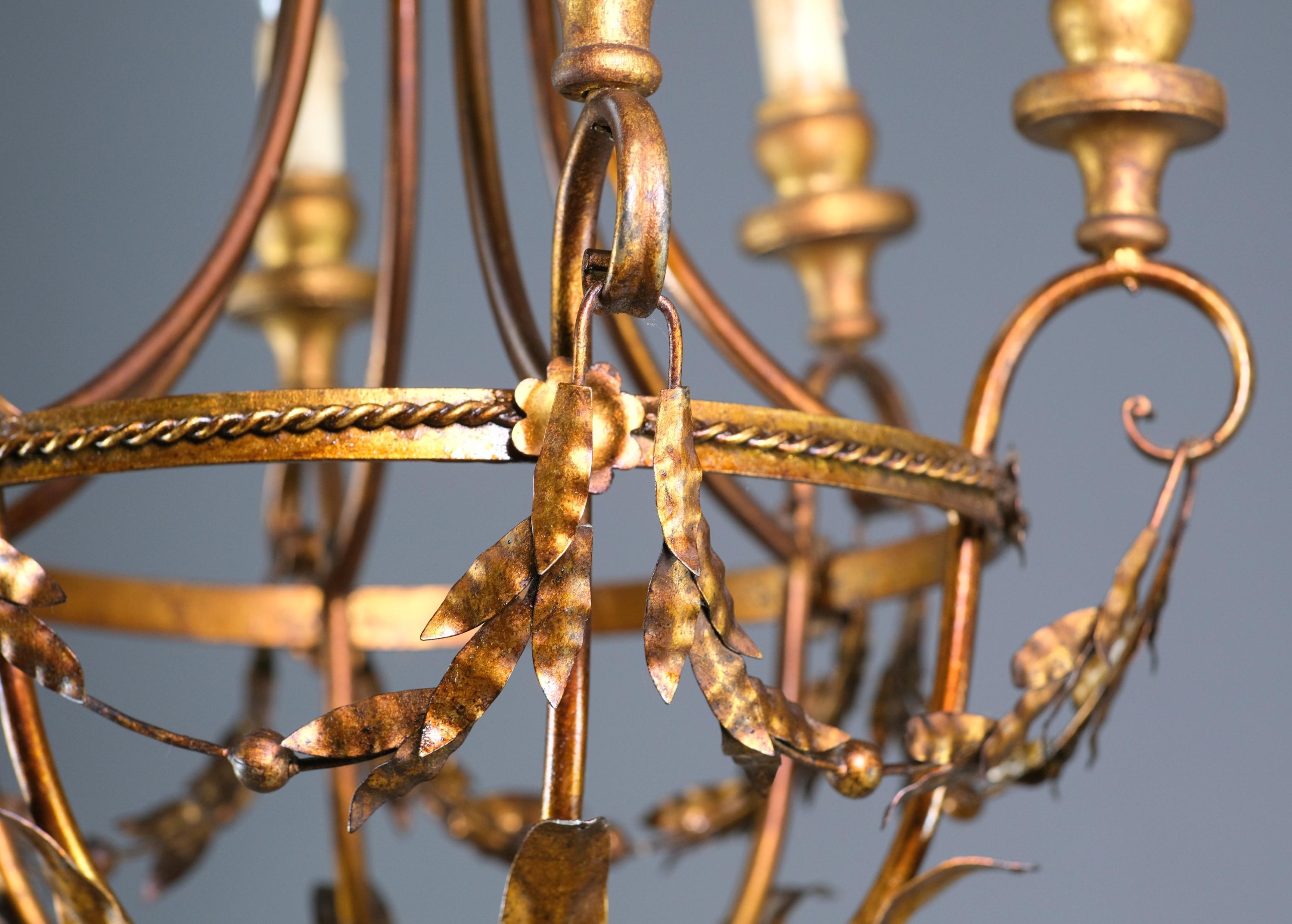 Italian Restored Gold Gilt Wood Chandelier from Italy 6 Arms Crystals