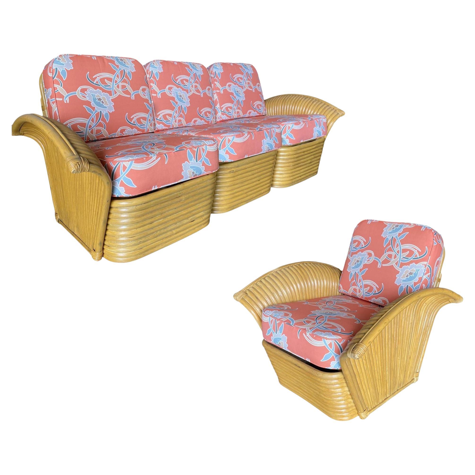 Restored "Golden Girls" Art Deco Rattan Fan Arm ThreeSeat Sofa, Rare