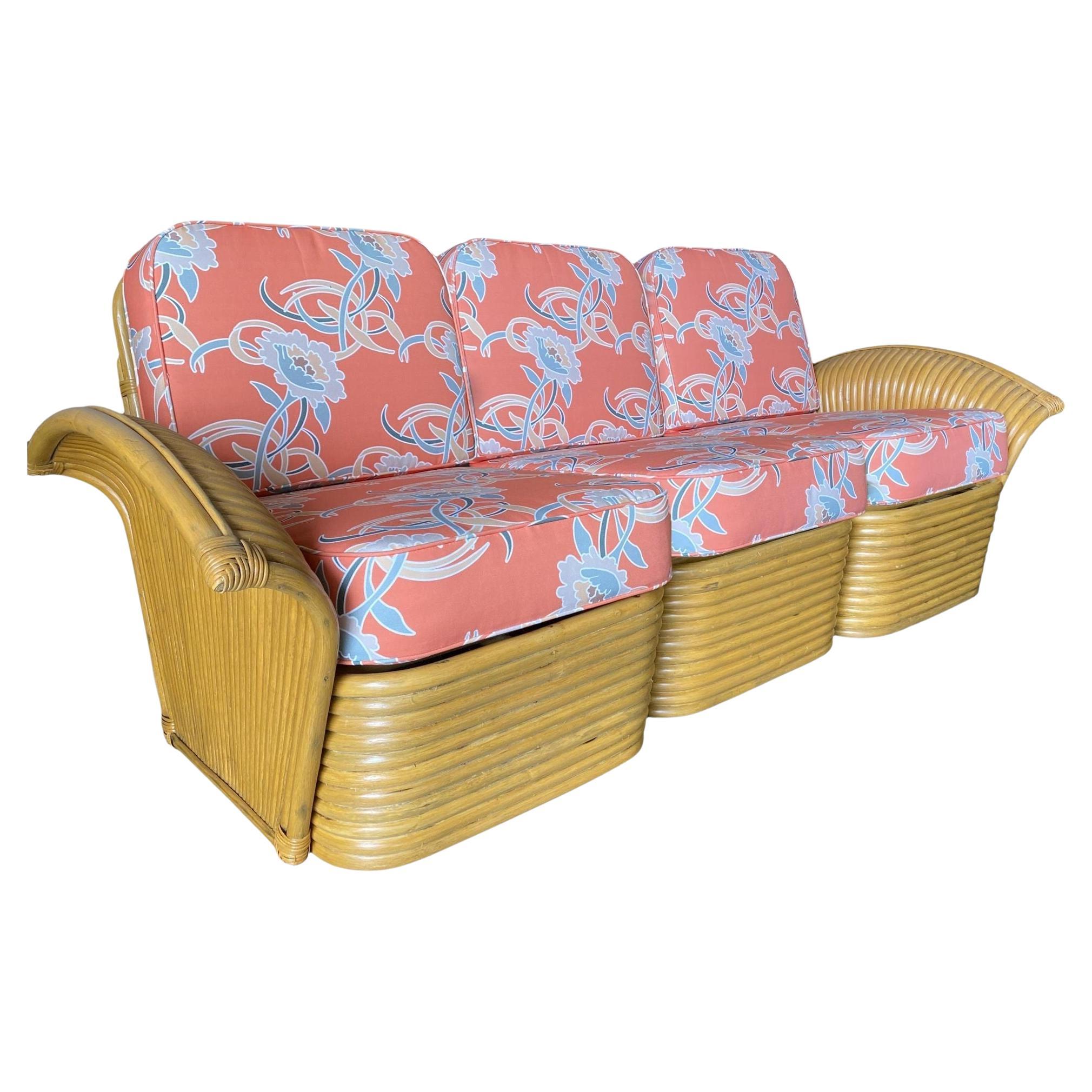 Restored "Golden Girls" Art Deco Rattan "Fan Arm" Three-Seat Sofa For Sale