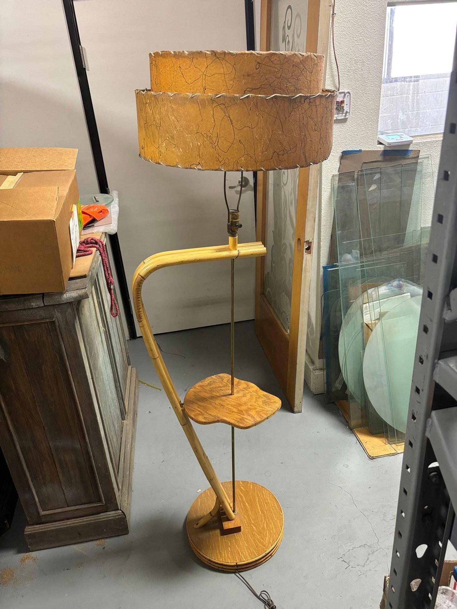 Restored Googie Asymmetric Pole Floor Lamp w/ Side Table & Fiberglass Shade For Sale 1
