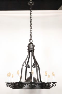 Restored Gothic Black Wrought Iron Chandelier