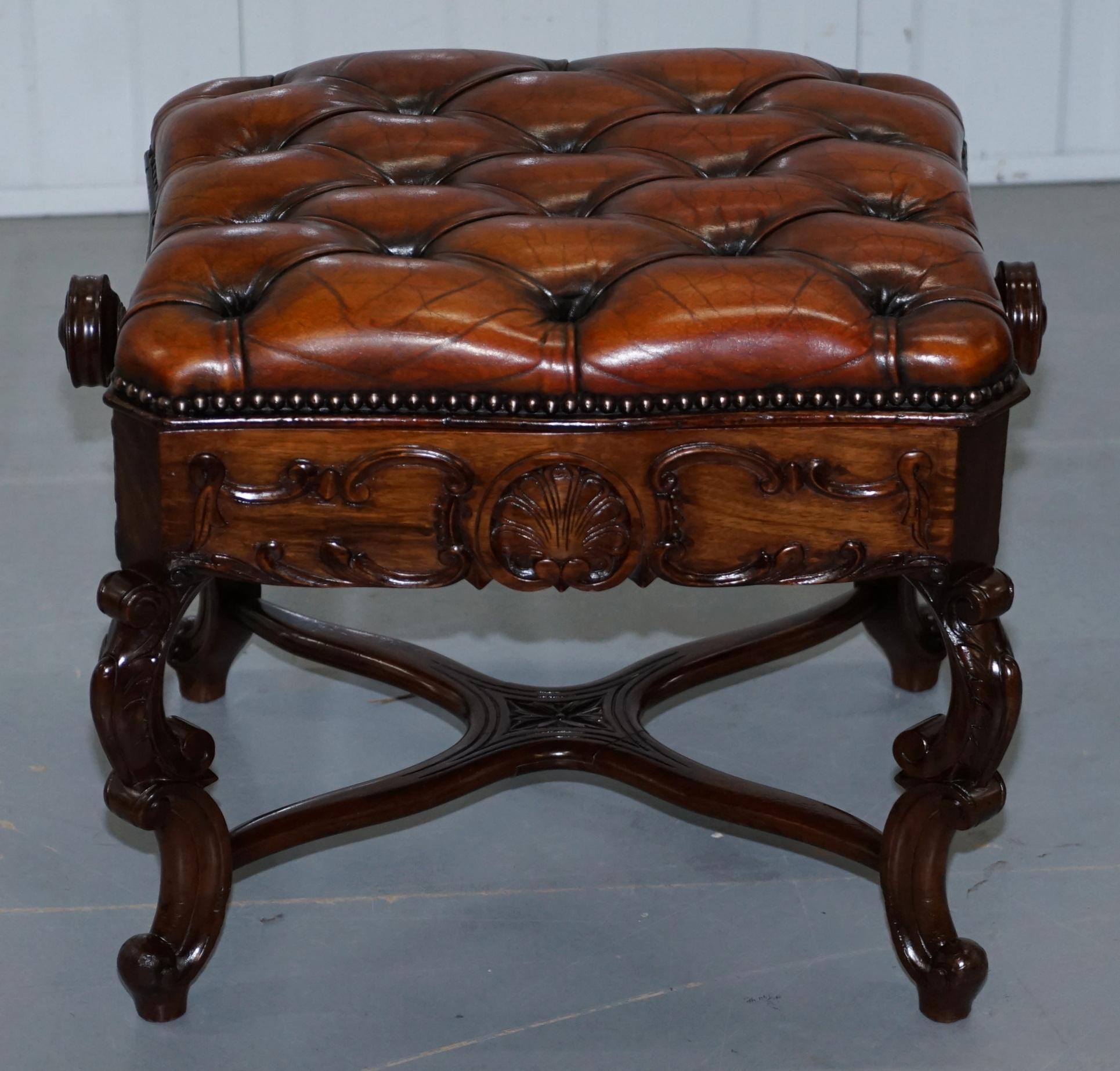 We are delighted to offer for sale this lovely height adjustable fully restored Rosewood and Whisky brown leather piano stool with iron fitting stamped H. Brook Patent, London

This stool is pretty much the most beautiful piano stool I have ever