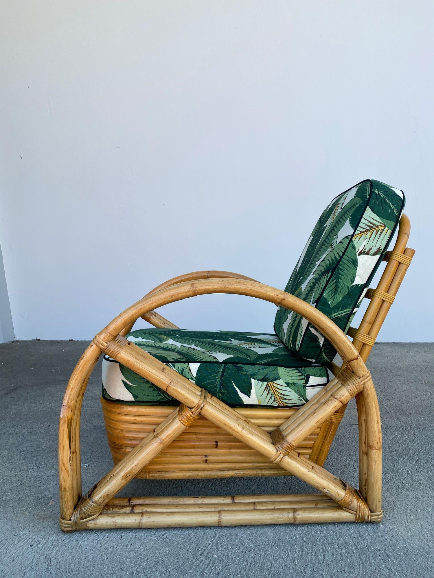 Mid-20th Century Restored Half Moon X Arm Rattan 3-Strand Lounge Chair