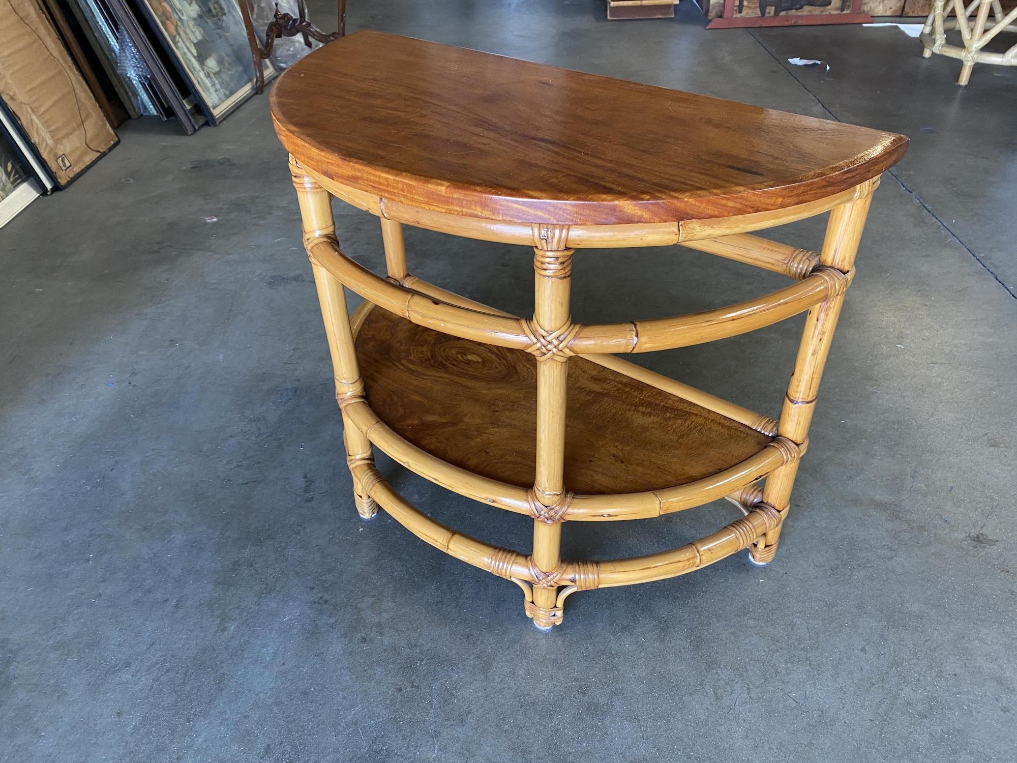American Restored Half Round Rattan Side Table with Ladder Sides & Mahogany Top