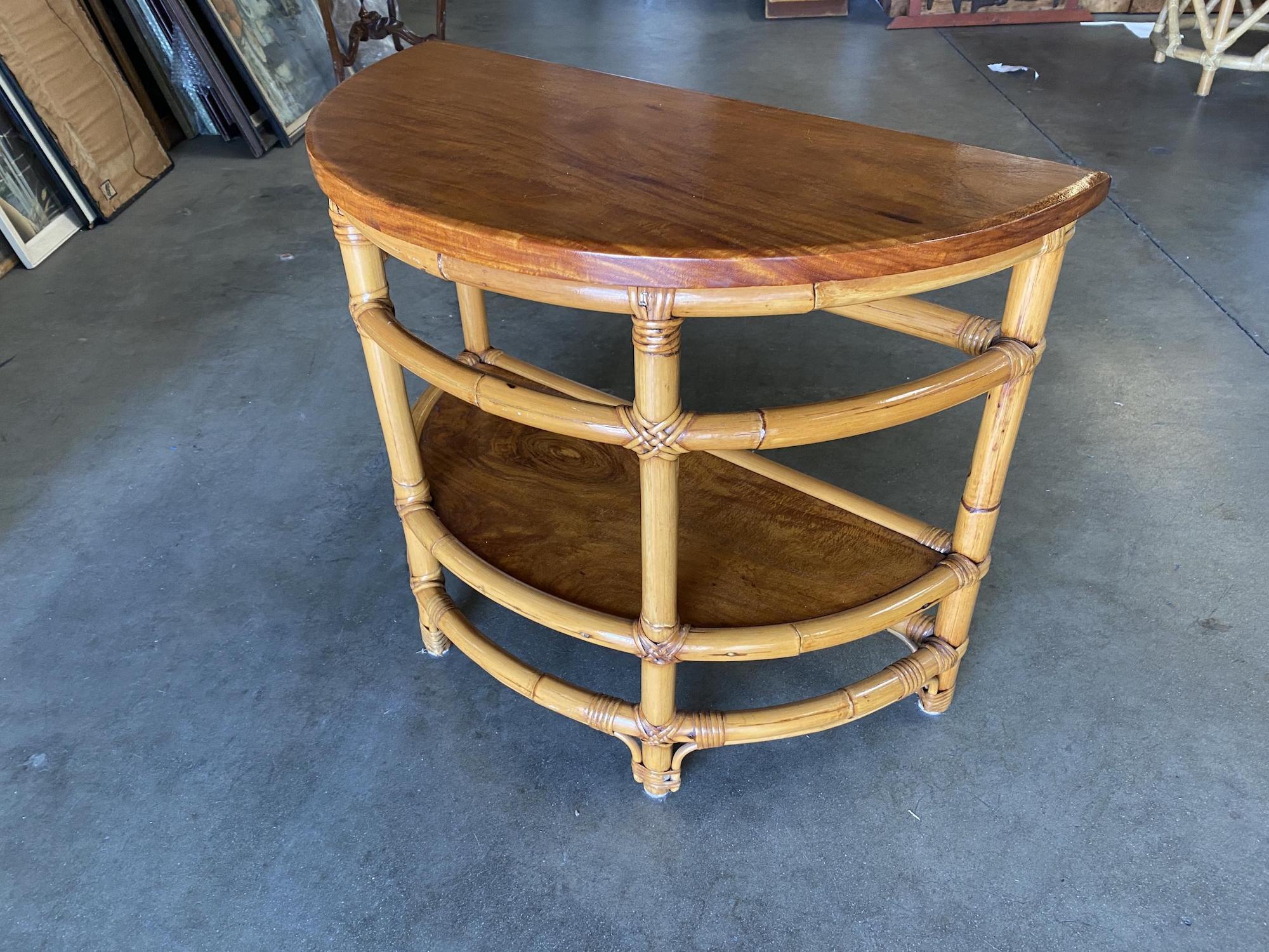 Mid-20th Century Restored Half Round Rattan Side Table with Ladder Sides & Mahogany Top