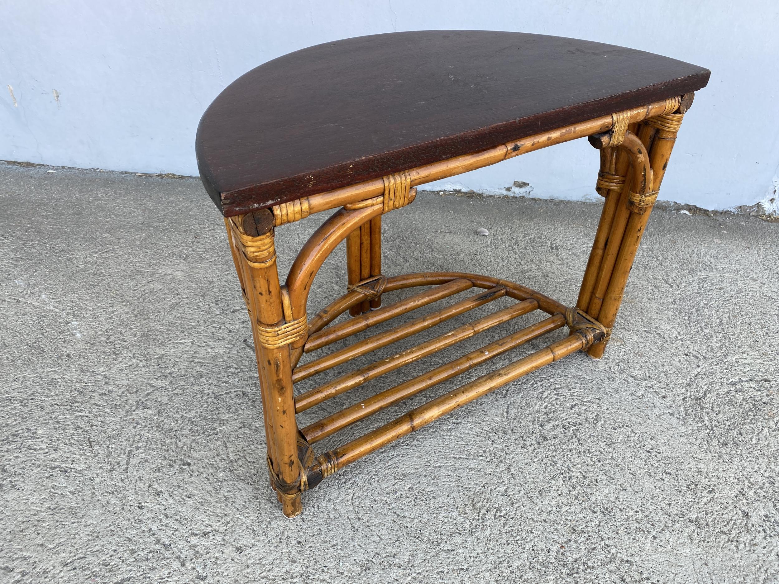 Mid-Century Modern Restored Half Round Rattan Side Table with Mahogany Top