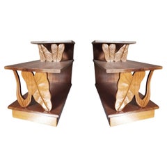 Restored Hand Carved Calla Lily Koa Wood Side Table Pair