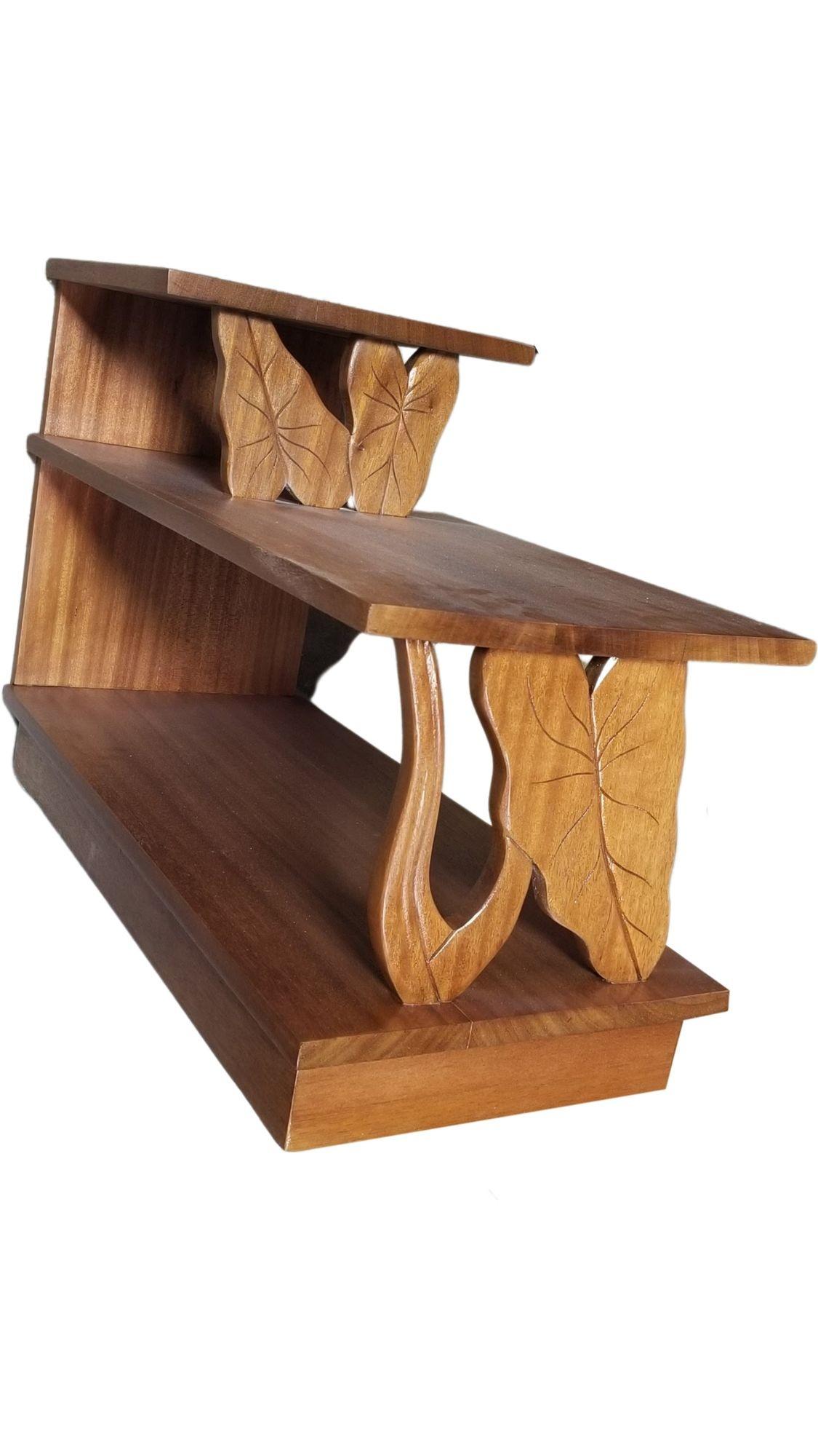 Mid-Century Hawaiian Koa Wood table set of 3 featuring hand-carved botanical Calla Lily flower and leaves table legs and sides. Two side tables are perfect for either side of a sitting area or bed, and one center coffee table to match.

Hawaiian Koa