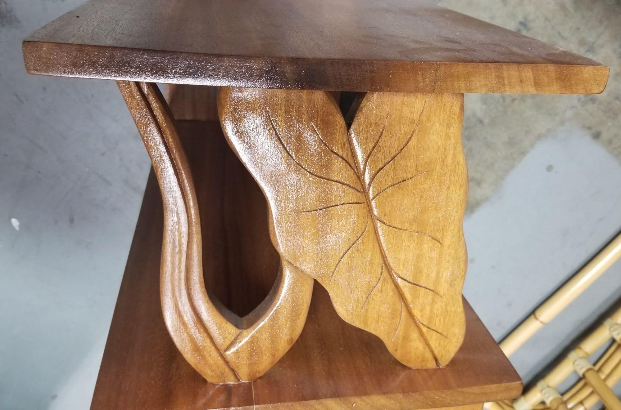 Restored Hand Carved Calla Lily Koa Wood Side Table Set For Sale 1