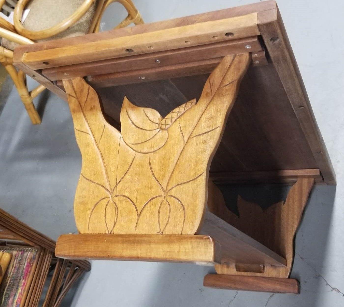 Restored Hand Carved Calla Lily Koa Wood Side Table Set For Sale 4