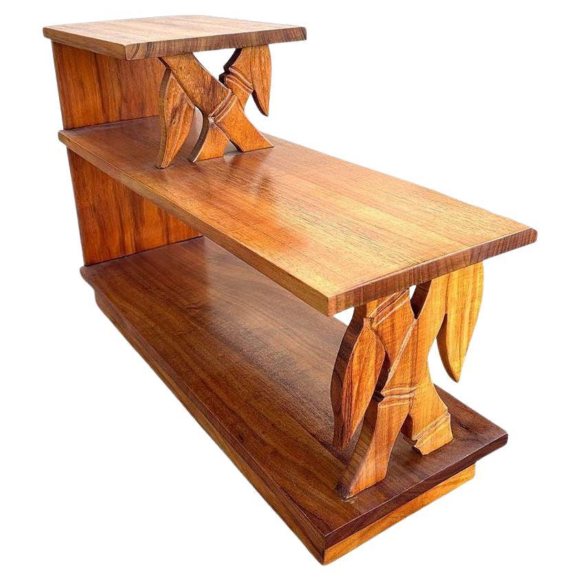 Mesa de lámpara lateral de 3 niveles de madera de Koa tallada a mano restaurada con motivos de bambú