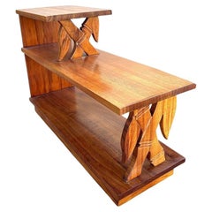 Mesa de lámpara lateral de 3 niveles de madera de Koa tallada a mano restaurada con motivos de bambú