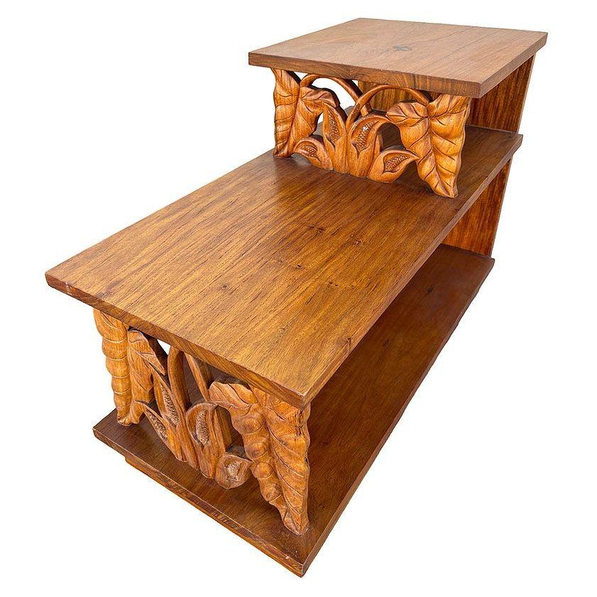 Mid-Century Modern Restored Hand Carved Koa Wood 3 Tiered Side Table w/ Anthurium Floral Motif For Sale