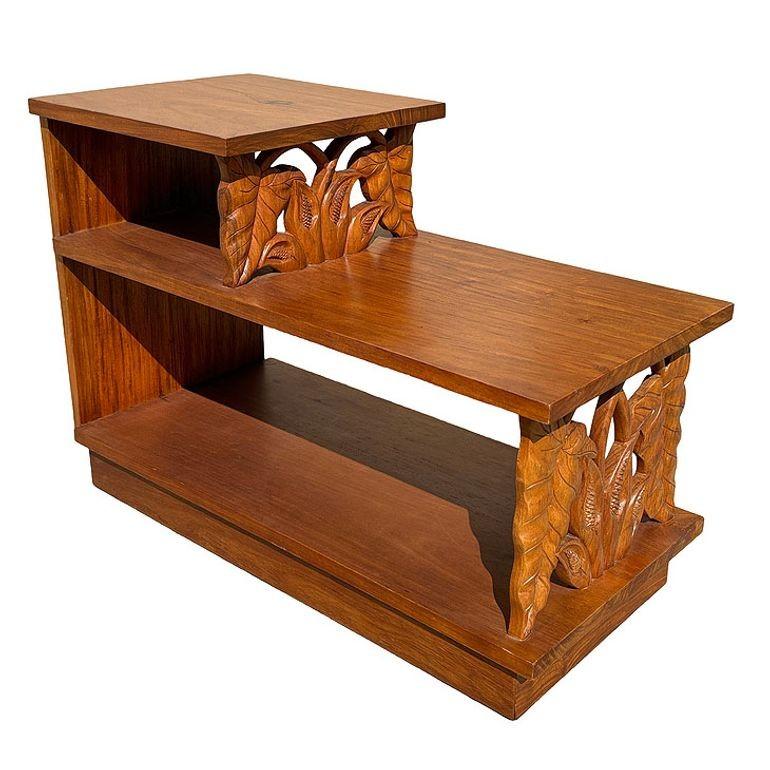 American Restored Hand Carved Koa Wood 3 Tiered Side Table w/ Anthurium Floral Motif For Sale