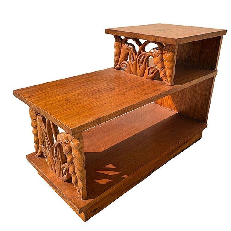 Hand-Carved Restored Hand Carved Koa Wood 3 Tiered Side Table w/ Anthurium Floral Motif For Sale