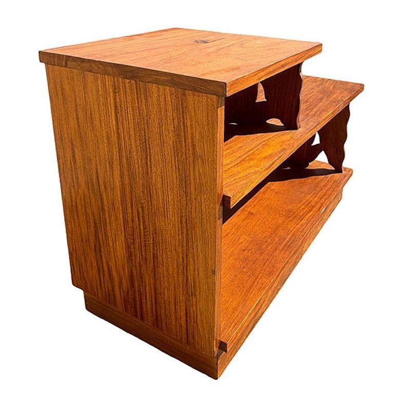 Restored Hand Carved Koa Wood 3 Tiered Side Table w/ Anthurium Floral Motif In Excellent Condition For Sale In Van Nuys, CA