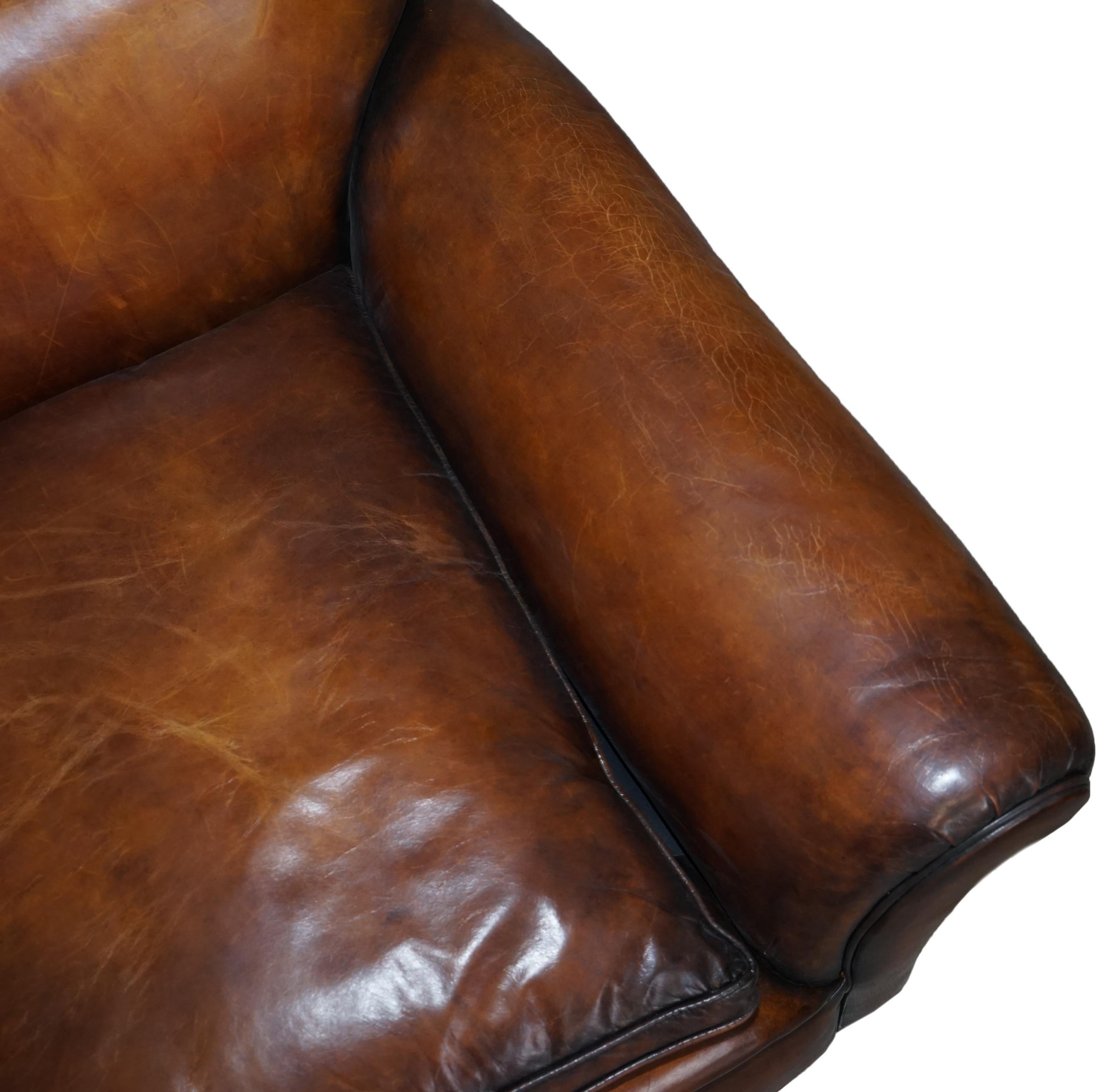 Restored Hand Dyed Brown Leather Antique Victorian 3-4 Seat Sofa Feather Seats For Sale 3
