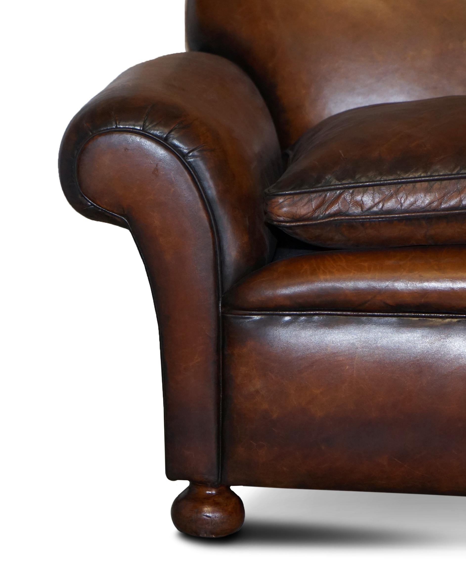 Restored Hand Dyed Brown Leather Antique Victorian 3-4 Seat Sofa Feather Seats For Sale 5
