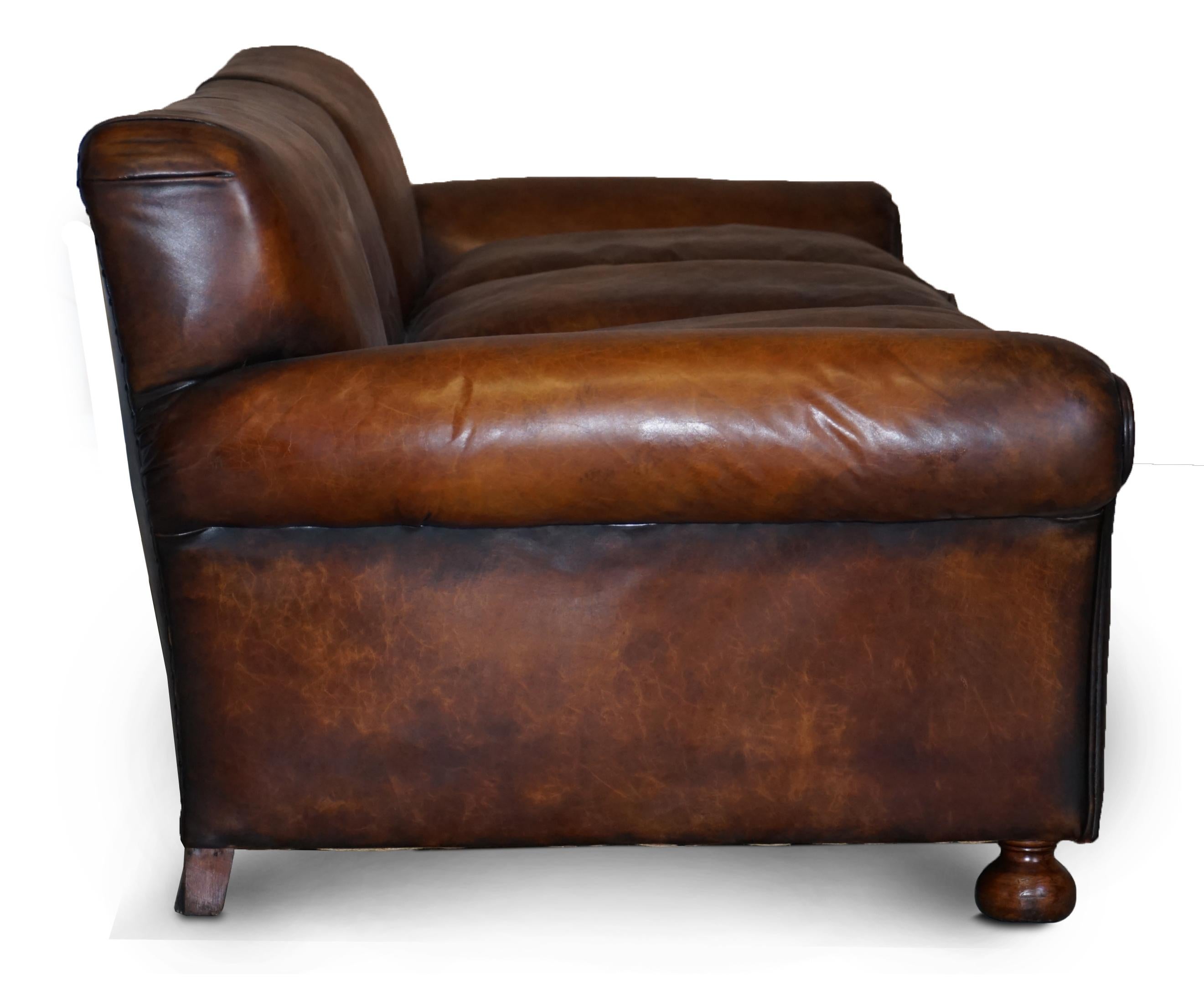 Restored Hand Dyed Brown Leather Antique Victorian 3-4 Seat Sofa Feather Seats For Sale 8