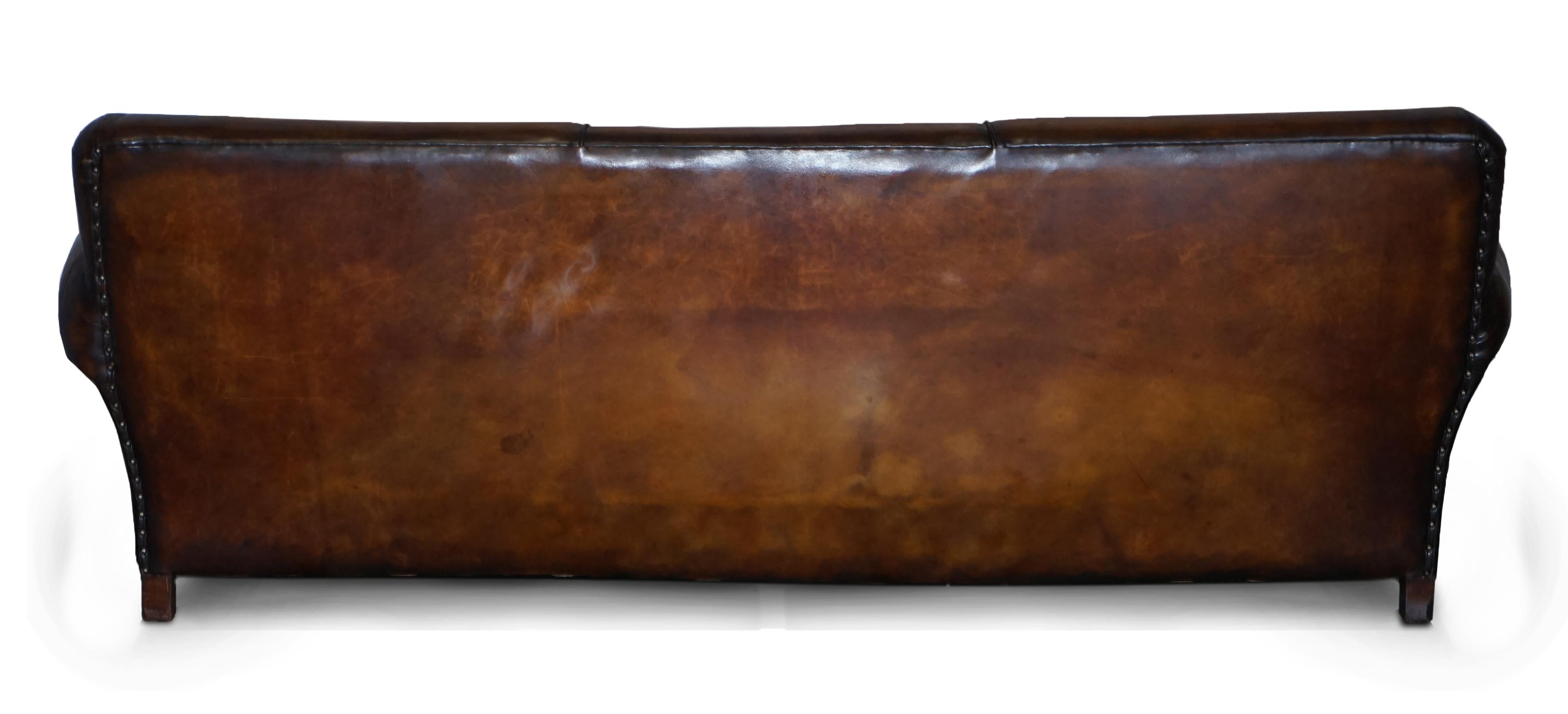 Restored Hand Dyed Brown Leather Antique Victorian 3-4 Seat Sofa Feather Seats For Sale 9