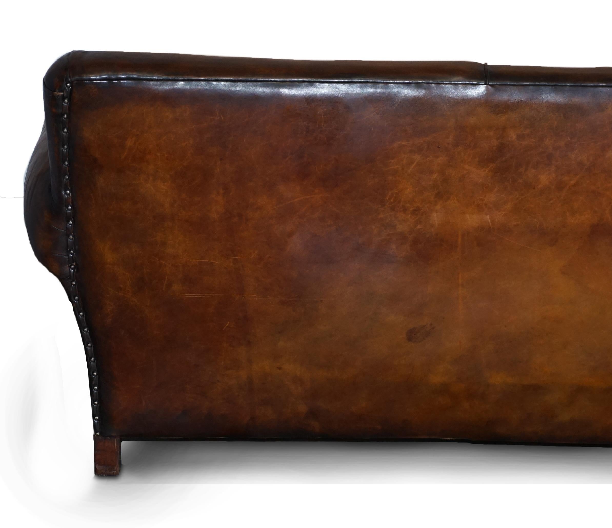 Restored Hand Dyed Brown Leather Antique Victorian 3-4 Seat Sofa Feather Seats For Sale 10