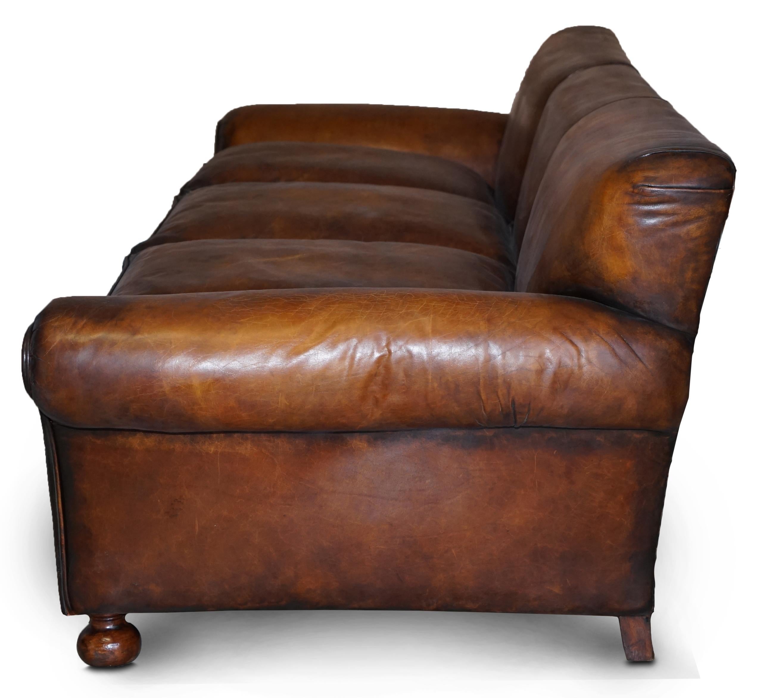 Restored Hand Dyed Brown Leather Antique Victorian 3-4 Seat Sofa Feather Seats For Sale 11