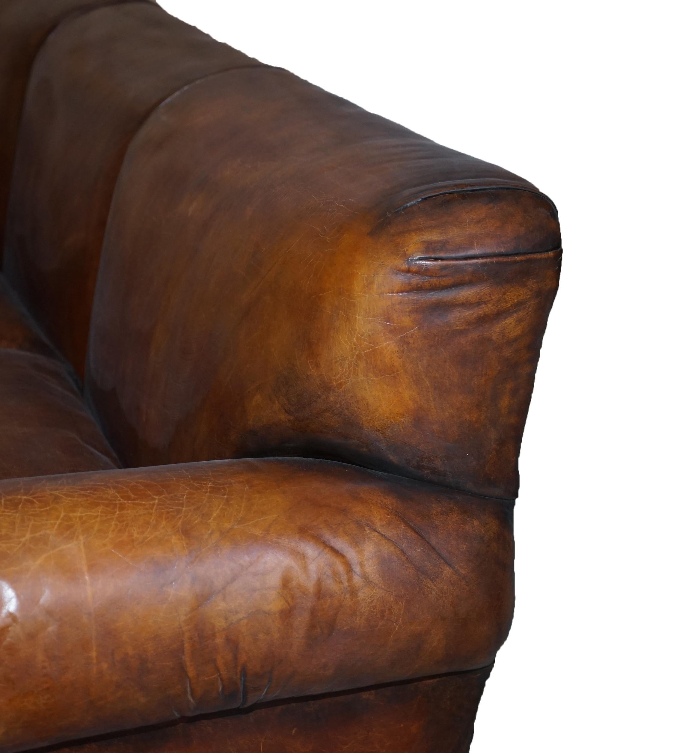 Restored Hand Dyed Brown Leather Antique Victorian 3-4 Seat Sofa Feather Seats For Sale 12