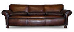 Restored Hand Dyed Brown Leather Antique Victorian 3-4 Seat Sofa Feather Seats