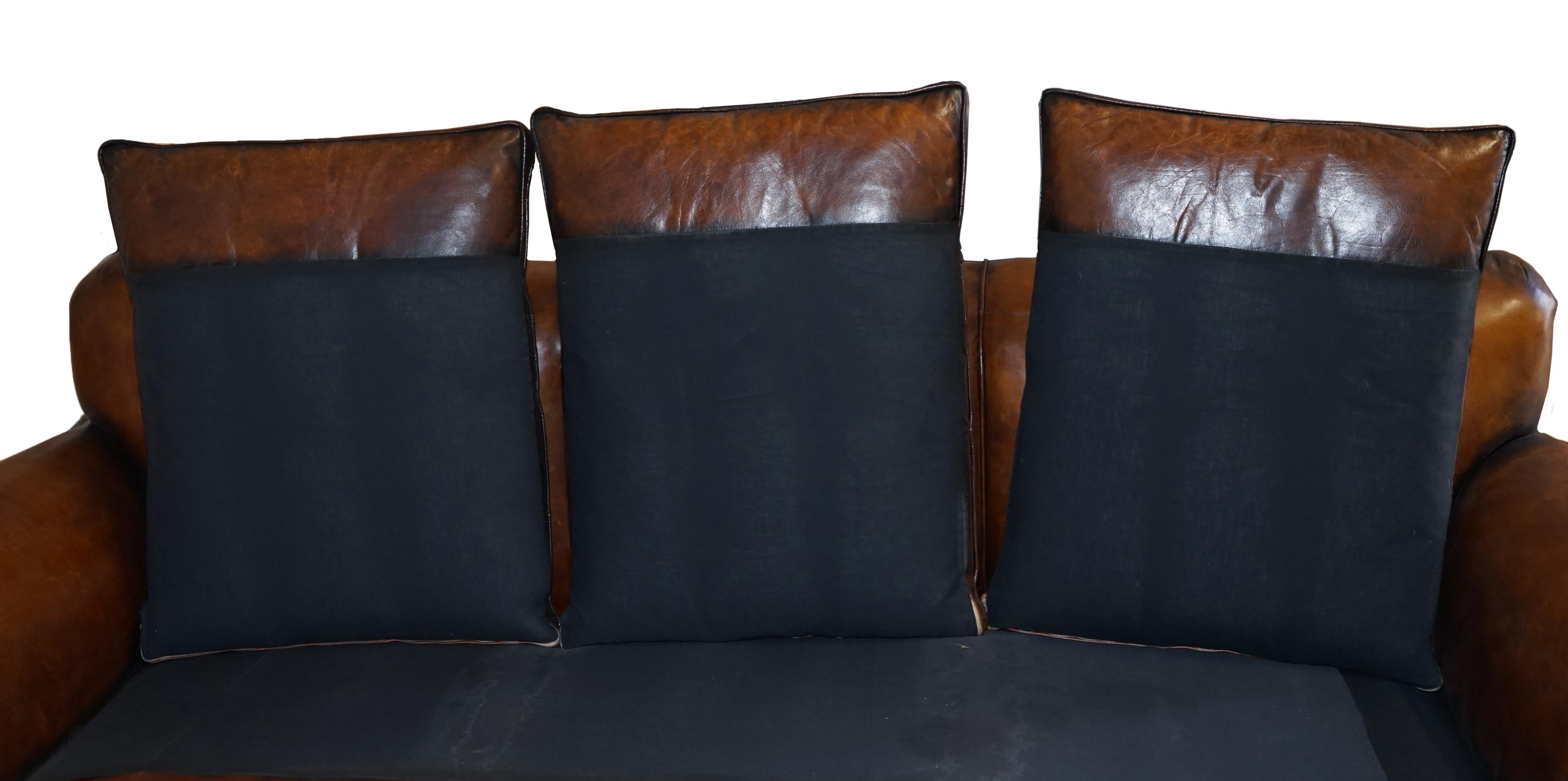 Restored Hand Dyed Brown Leather Antique Victorian 3-4 Seat Sofa Feather Seats For Sale 13