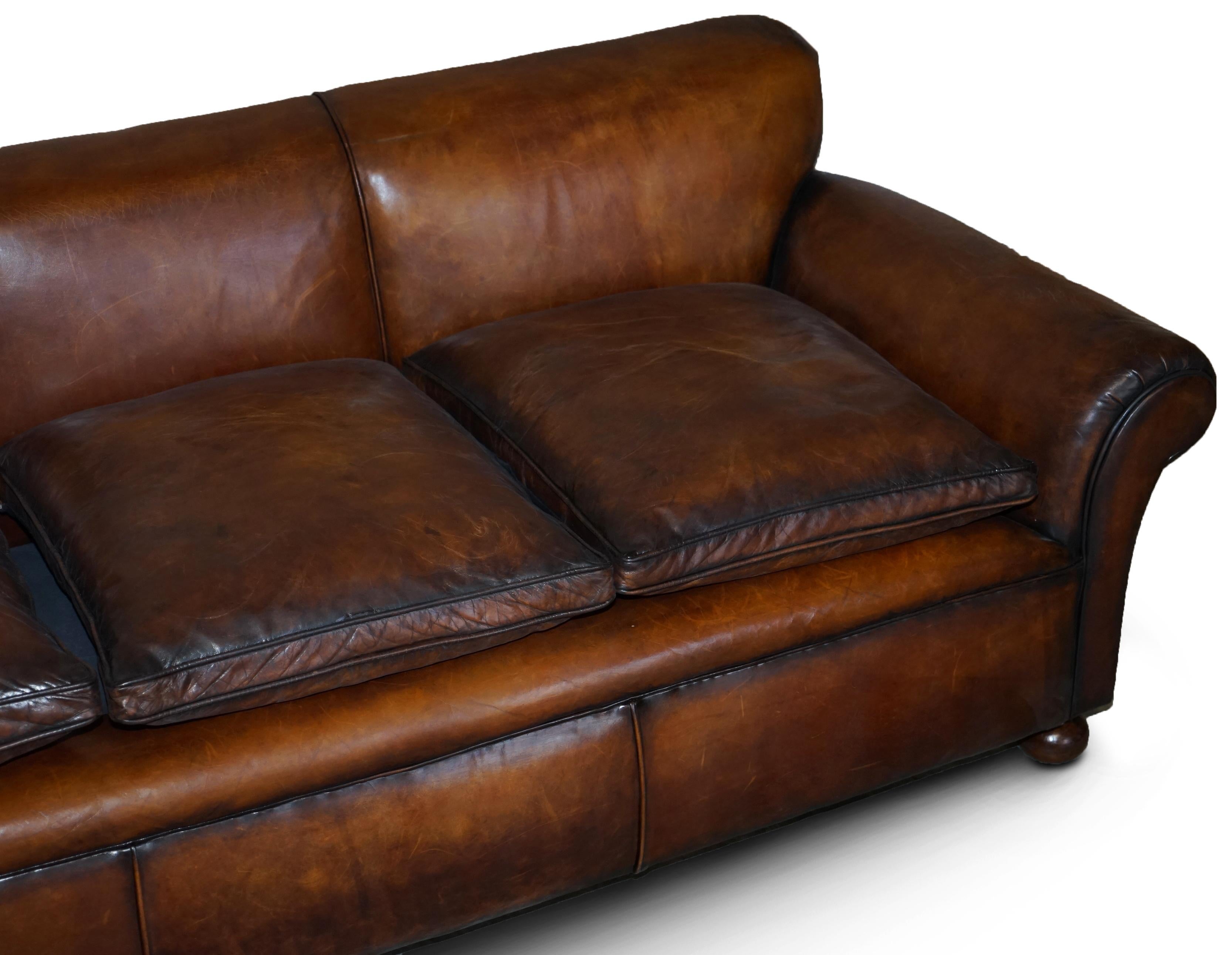 English Restored Hand Dyed Brown Leather Antique Victorian 3-4 Seat Sofa Feather Seats For Sale