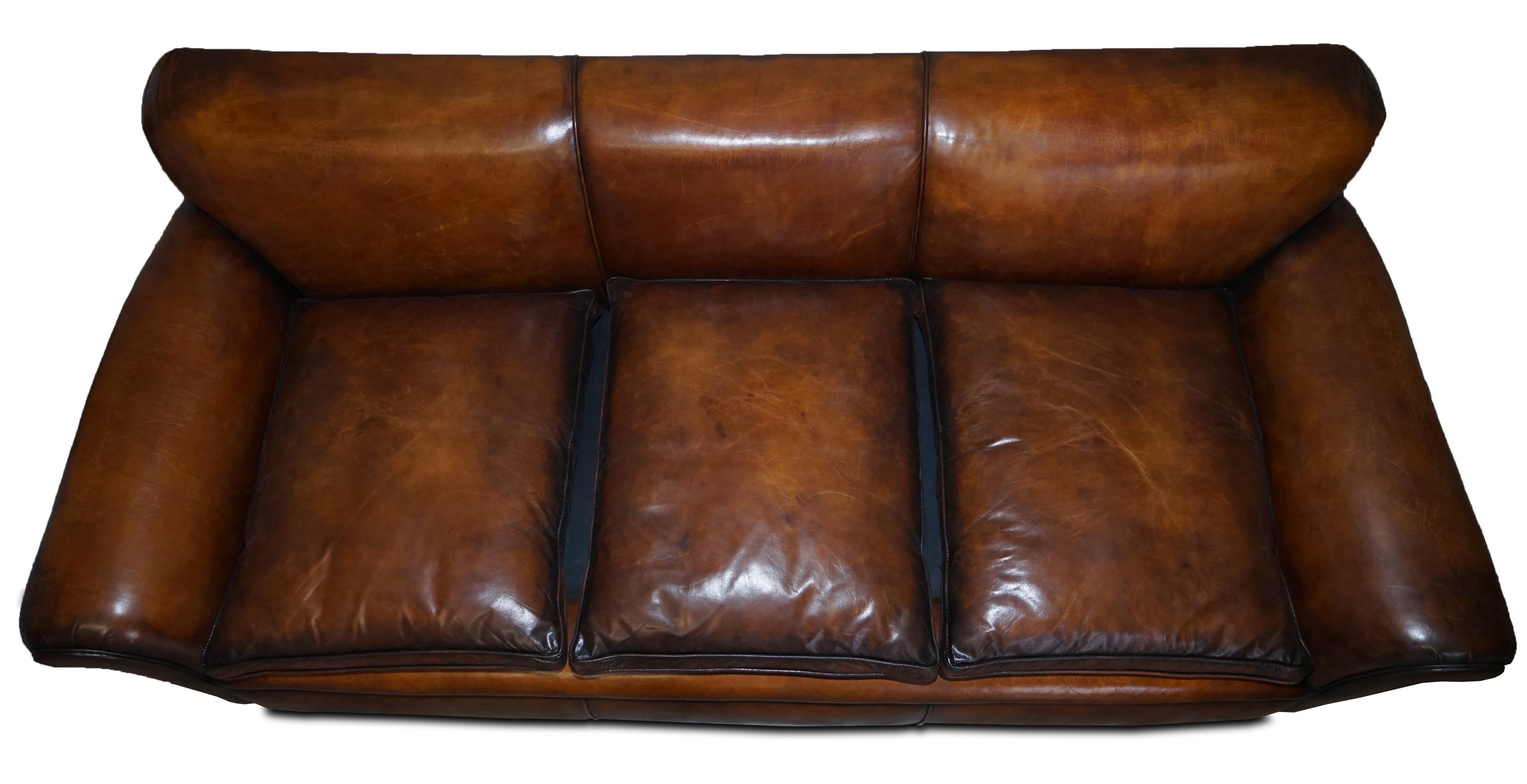 Hand-Crafted Restored Hand Dyed Brown Leather Antique Victorian 3-4 Seat Sofa Feather Seats For Sale
