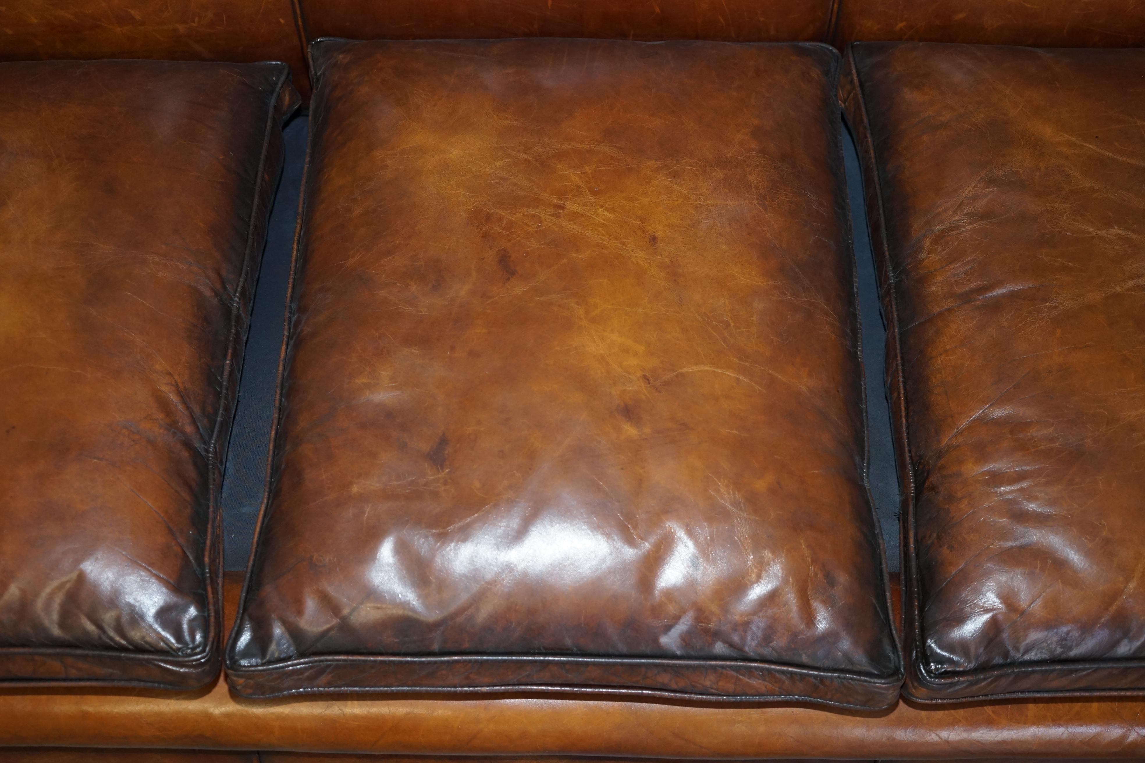 19th Century Restored Hand Dyed Brown Leather Antique Victorian 3-4 Seat Sofa Feather Seats For Sale