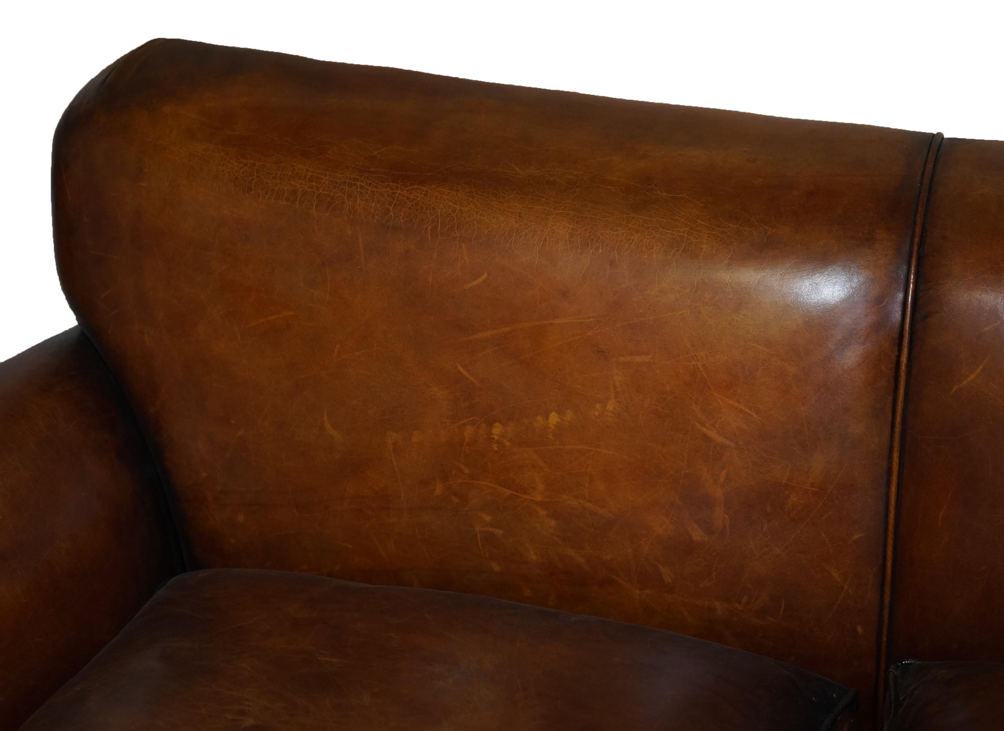 Restored Hand Dyed Brown Leather Antique Victorian 3-4 Seat Sofa Feather Seats For Sale 1