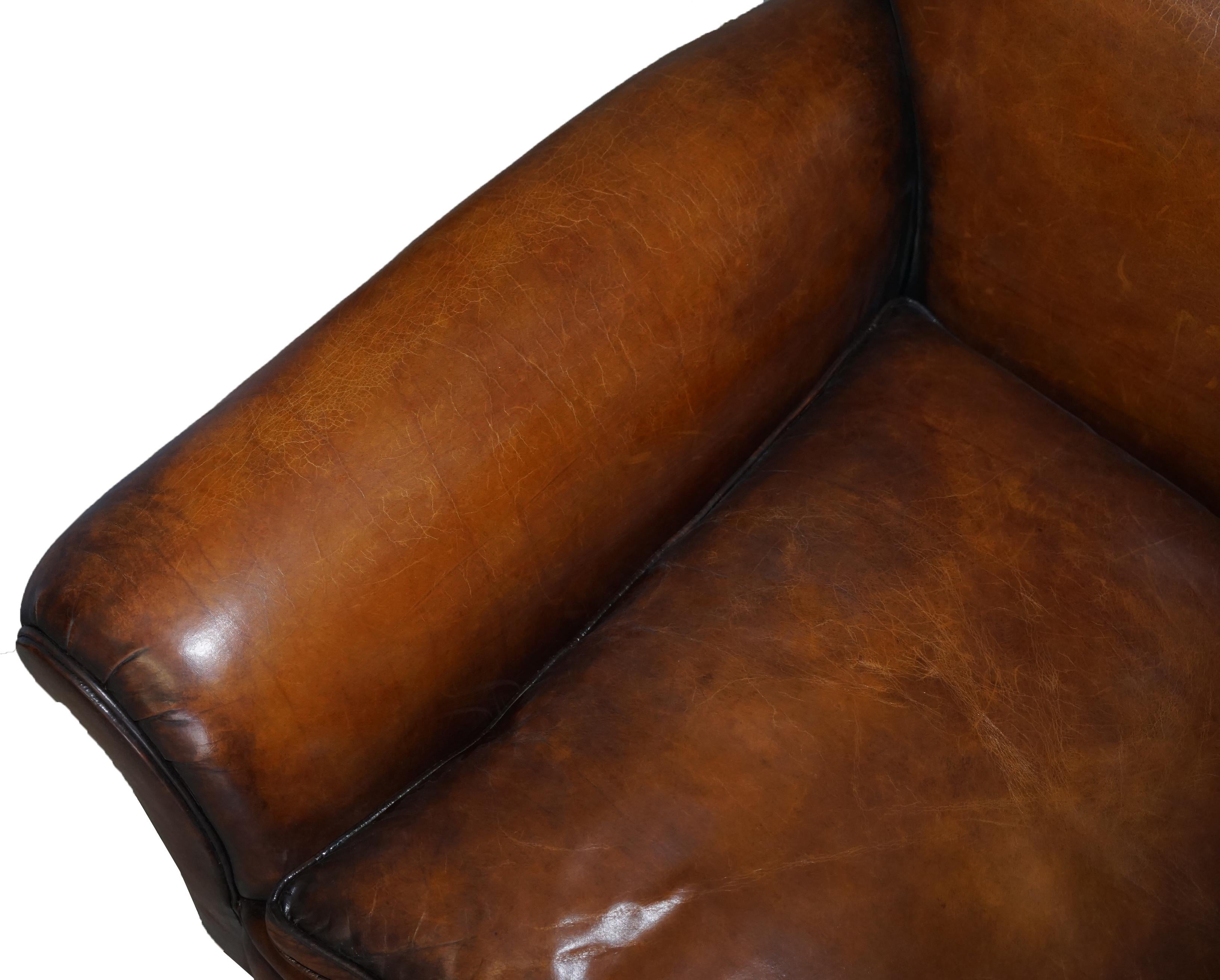 Restored Hand Dyed Brown Leather Antique Victorian 3-4 Seat Sofa Feather Seats For Sale 2