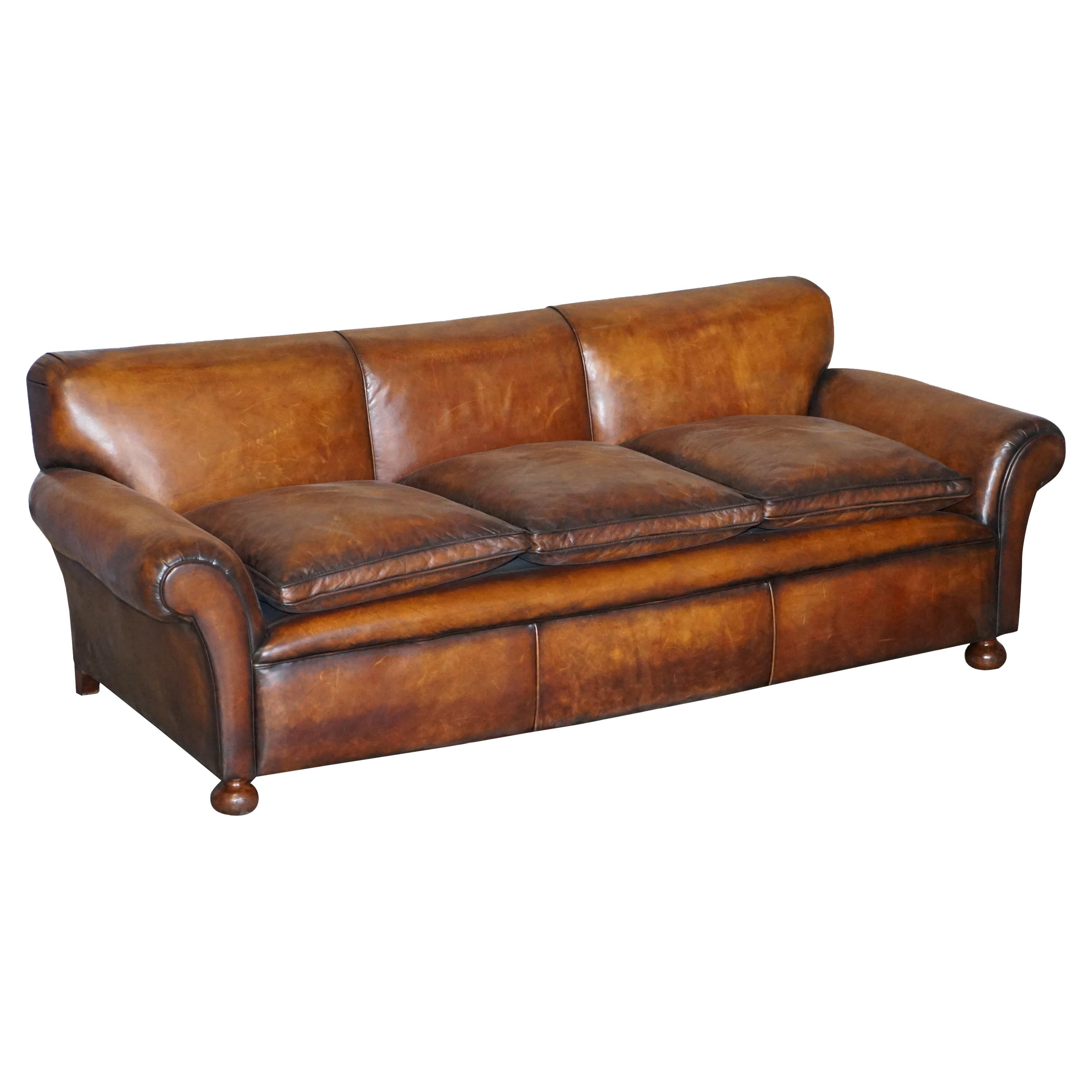 Restored Hand Dyed Brown Leather Antique Victorian 3-4 Seat Sofa Feather Seats
