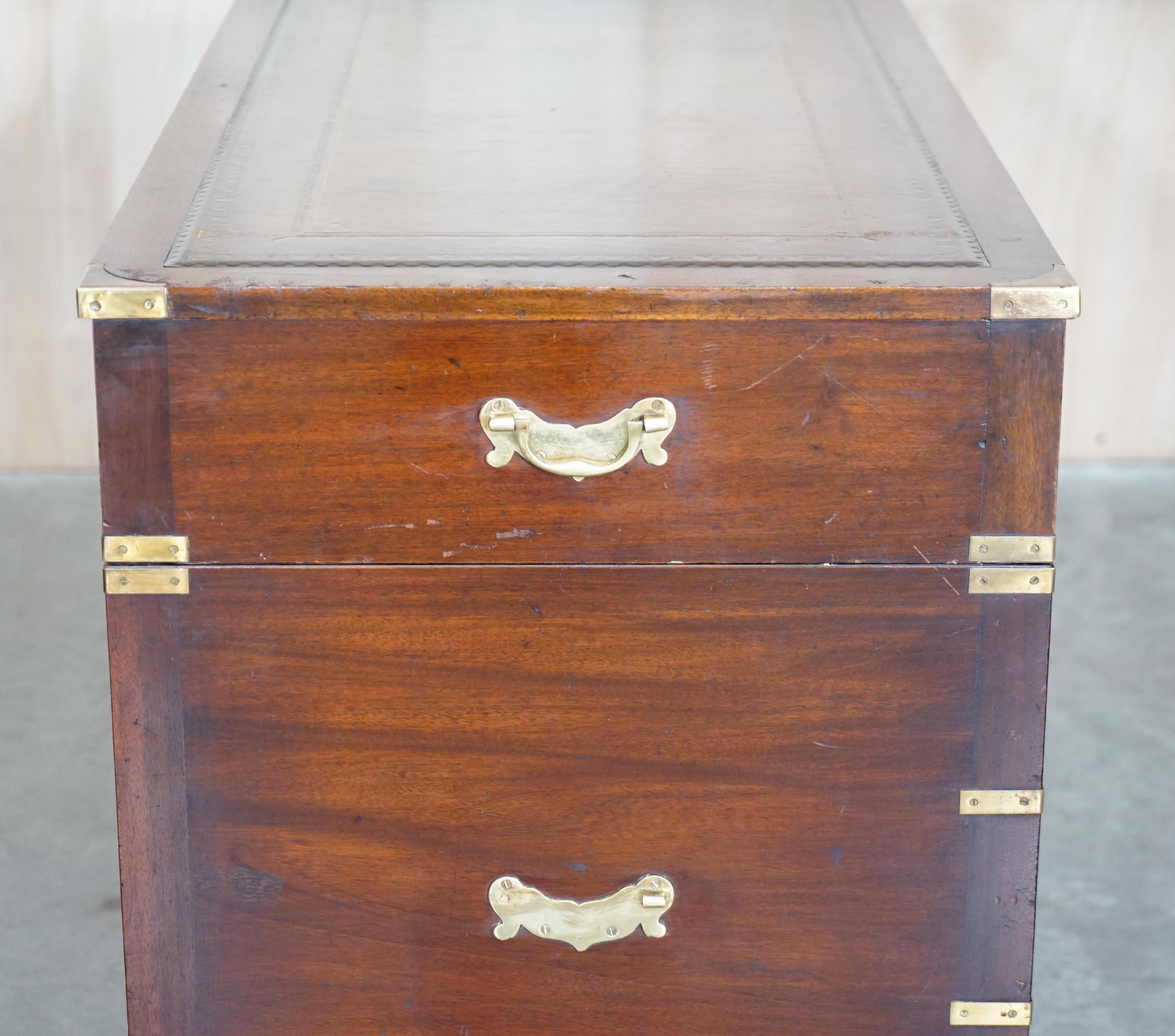 Restored Hand Dyed Brown Leather Military Campaign Partners Pedestal Desk For Sale 8