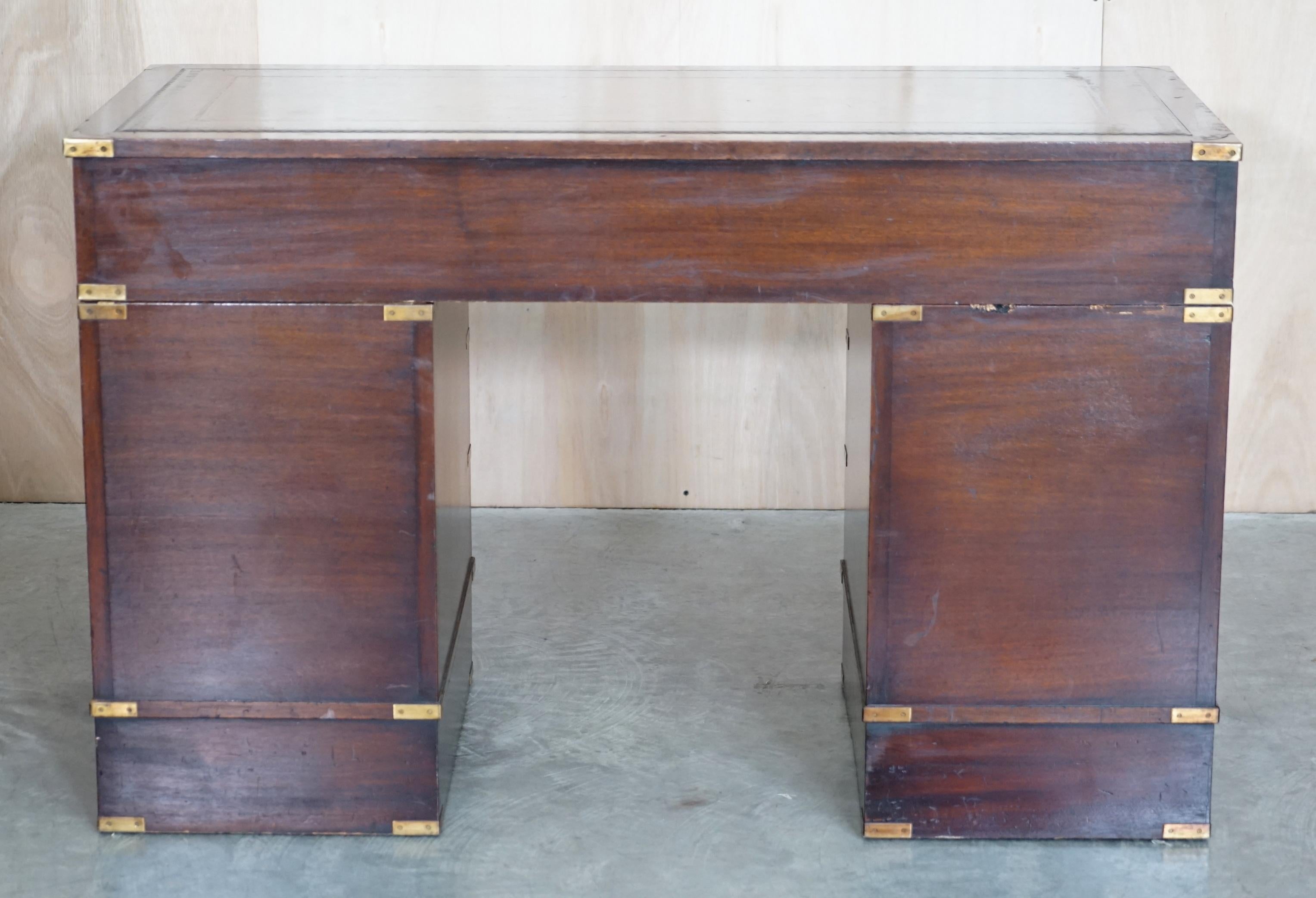 Restored Hand Dyed Brown Leather Military Campaign Partners Pedestal Desk For Sale 9