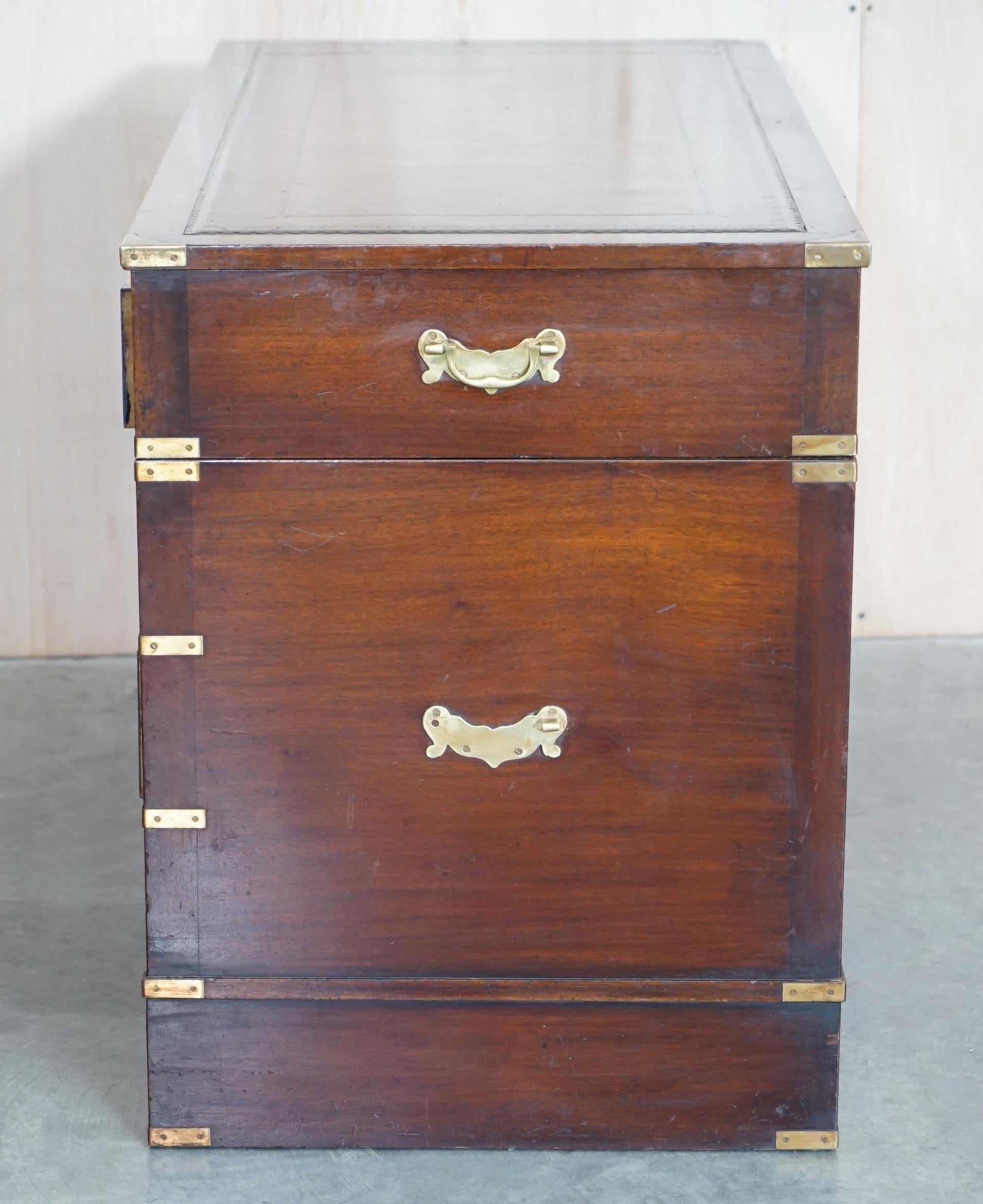 Restored Hand Dyed Brown Leather Military Campaign Partners Pedestal Desk For Sale 10