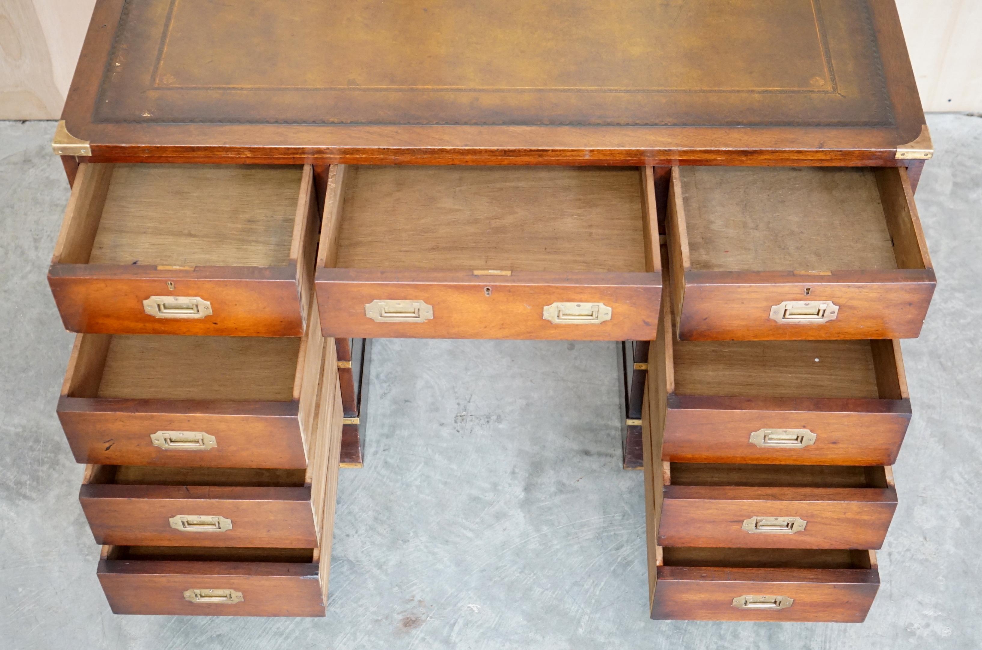 Restored Hand Dyed Brown Leather Military Campaign Partners Pedestal Desk For Sale 12