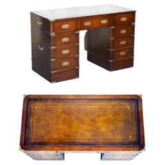 Restored Hand Dyed Brown Leather Military Campaign Partners Pedestal Desk