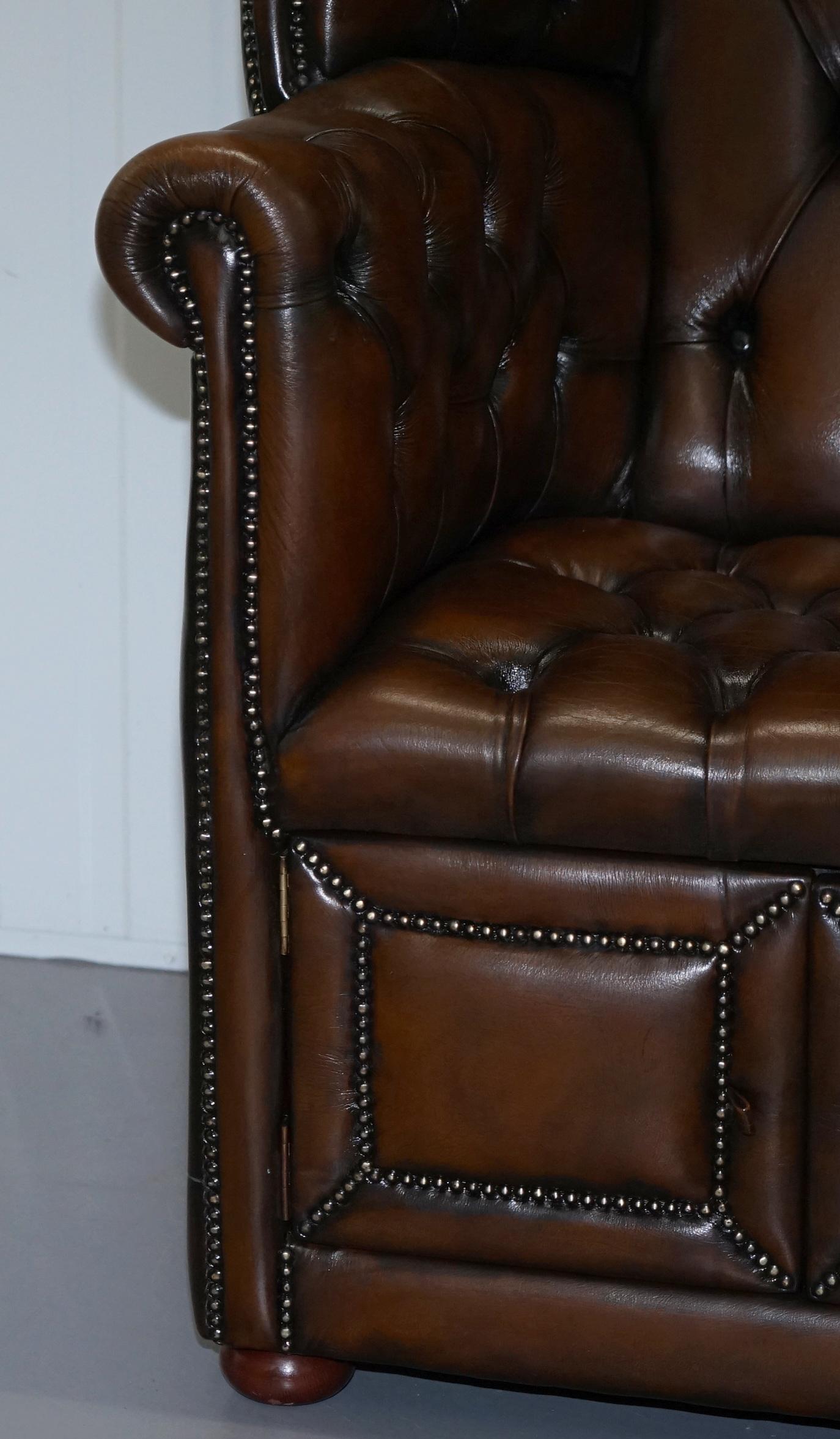 English Restored Hand Dyed Cigar Brown Leather Chesterfield Porters Armchair Chair