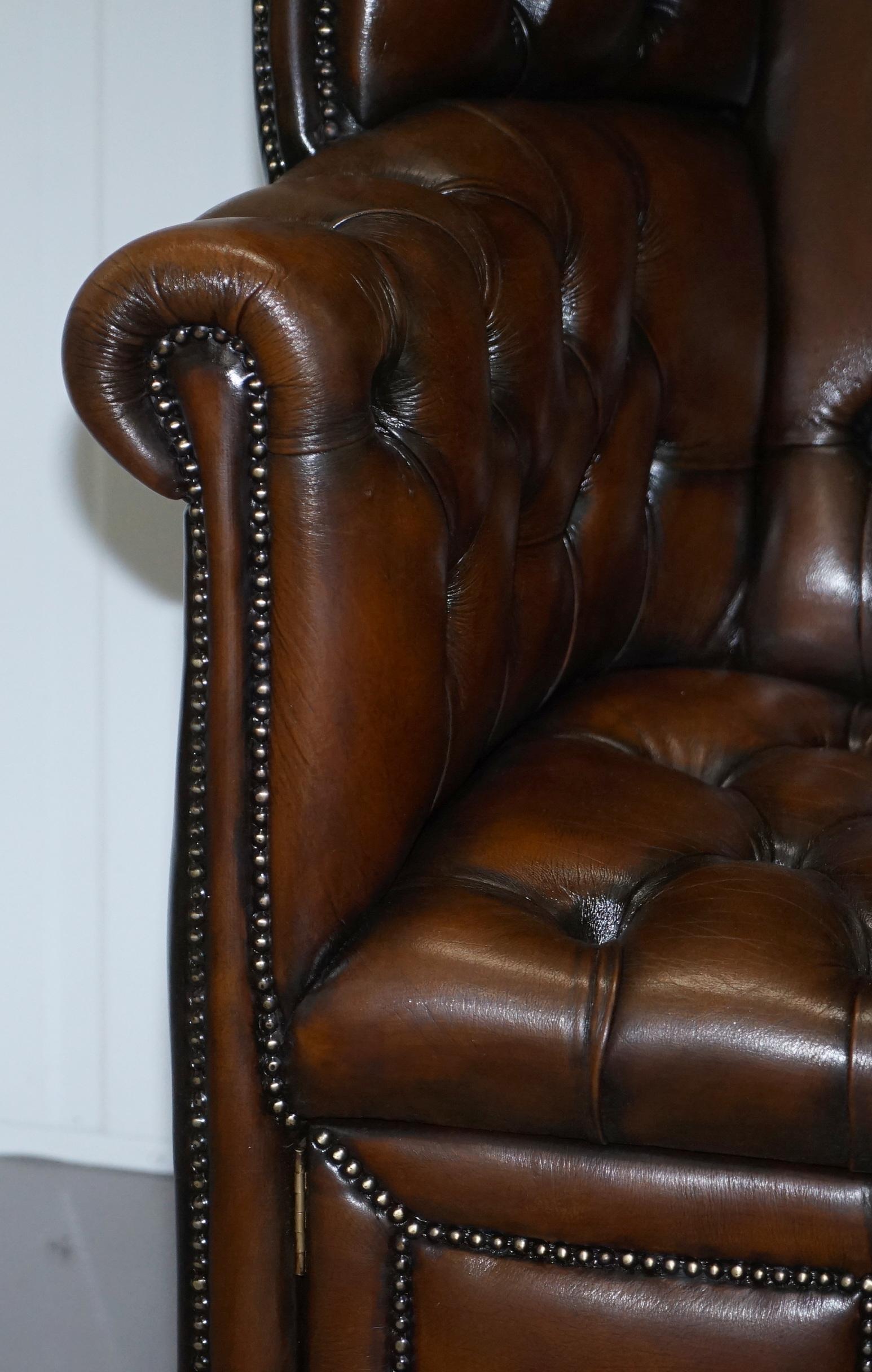 Hand-Crafted Restored Hand Dyed Cigar Brown Leather Chesterfield Porters Armchair Chair